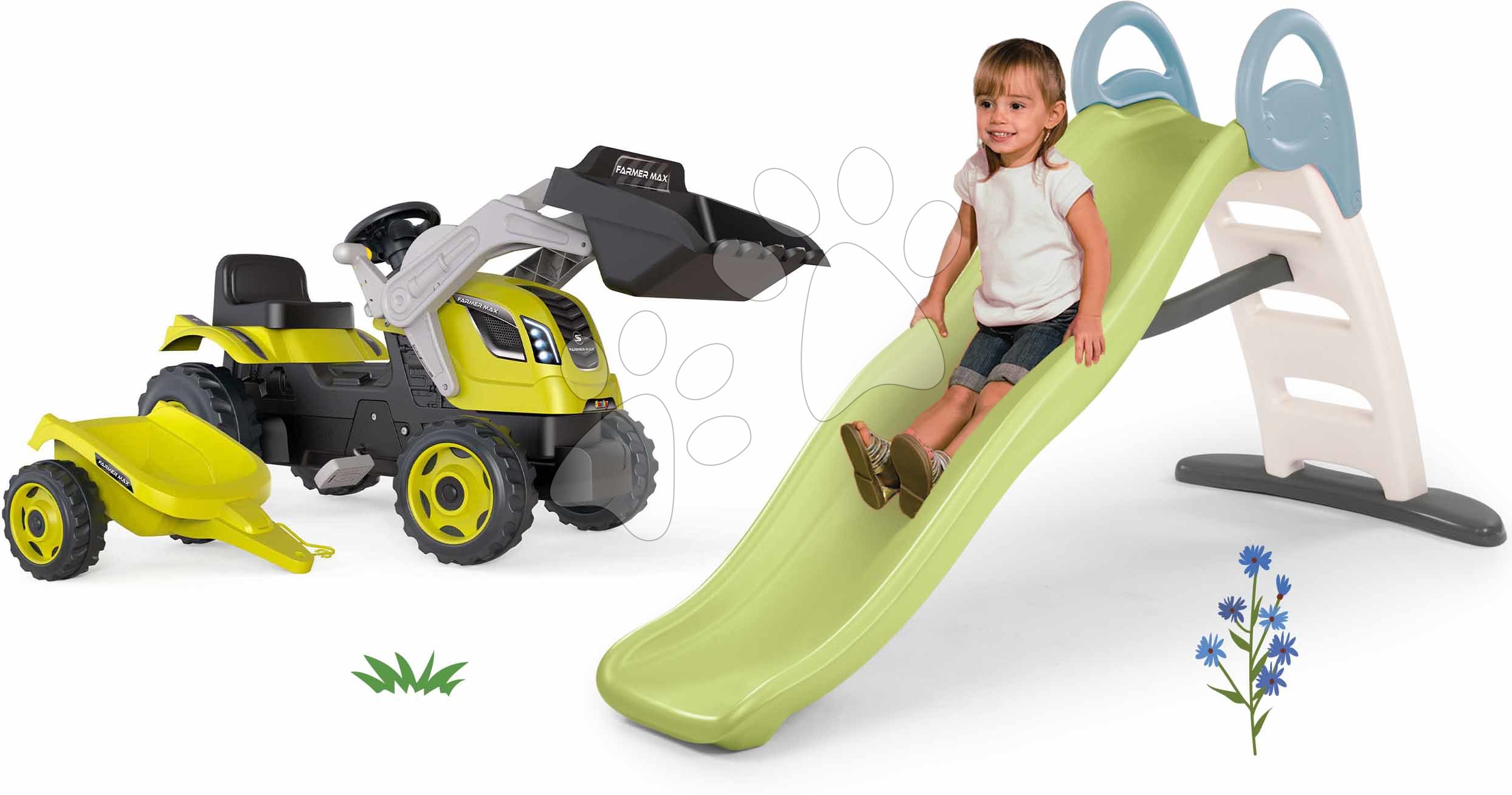 Set skluzavka s dvojitou vlnou a traktor na šlapání s přívěsem Toboggan Life Smoby délka 200 cm s vodotryskem