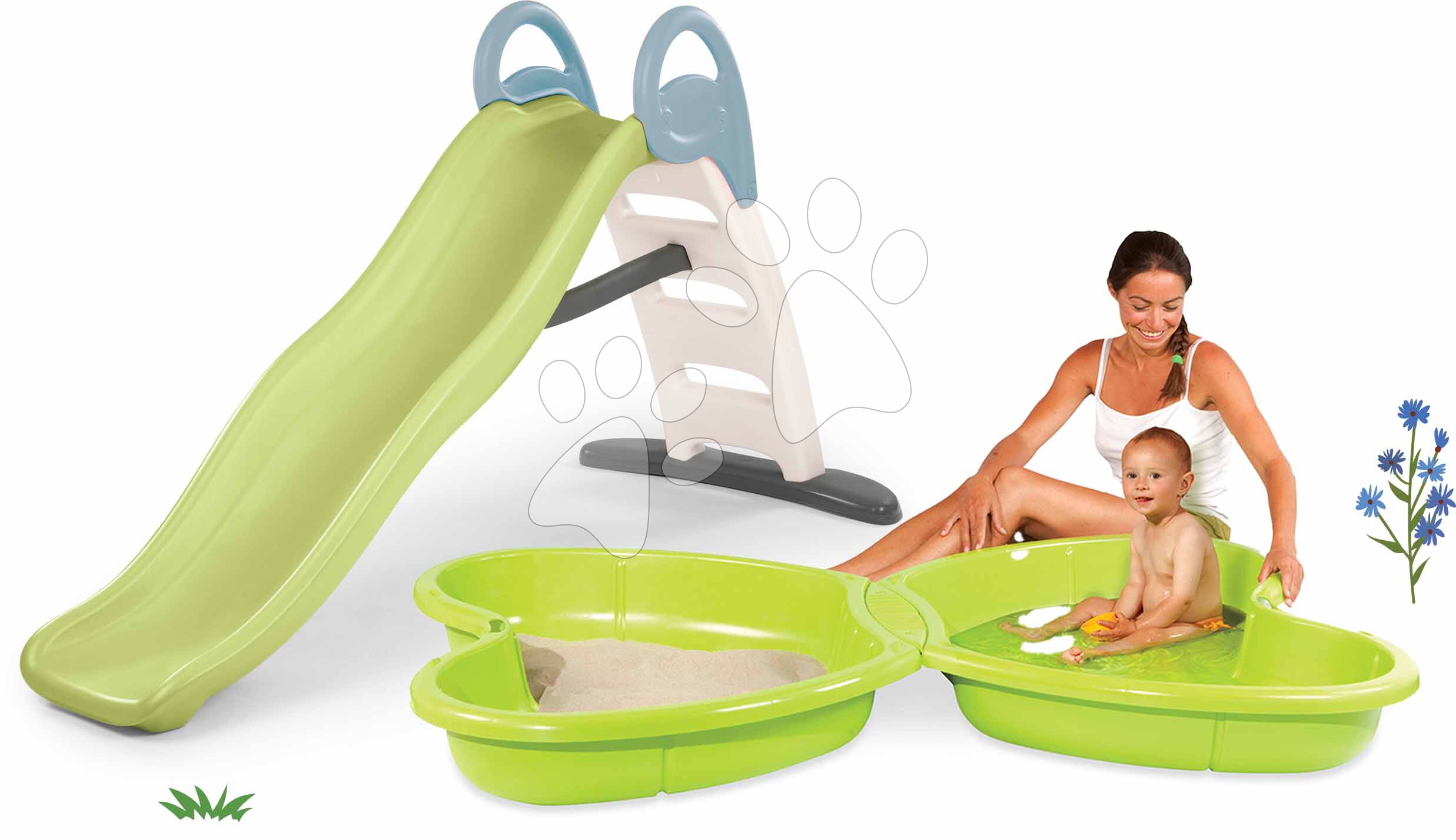 Set šmykľavka s dvojitou vlnou a dvojdielne pieskovisko Motýľ Toboggan Life Smoby dĺžka šmyku 200 cm s vodotryskom