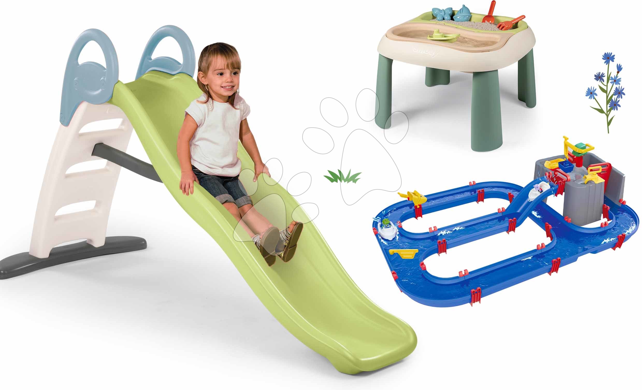 Set skluzavka s dvojitou vlnou a vodní dráha s přístavem Toboggan Life Smoby délka 200 cm s vodotryskem a stůl na vodu a písek