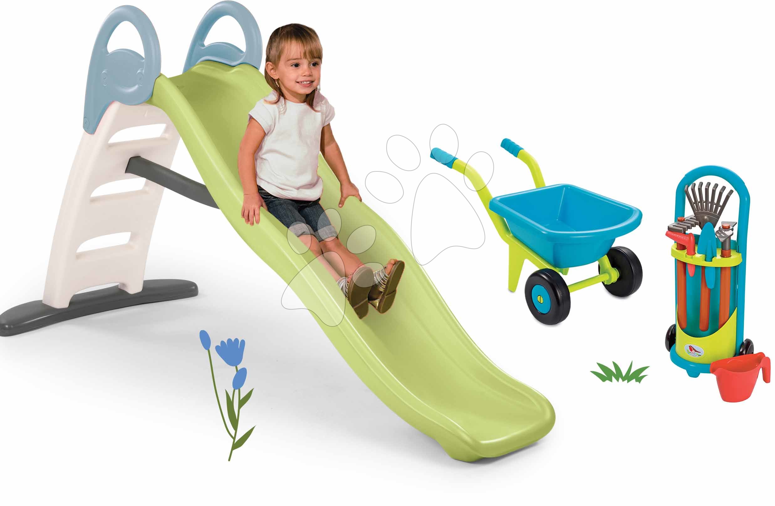 Set šmykľavka s dvojitou vlnou a záhradný vozík s náradím Toboggan Life Smoby dĺžka šmyku 200 cm s vodotryskom a fúrik s kosačkou
