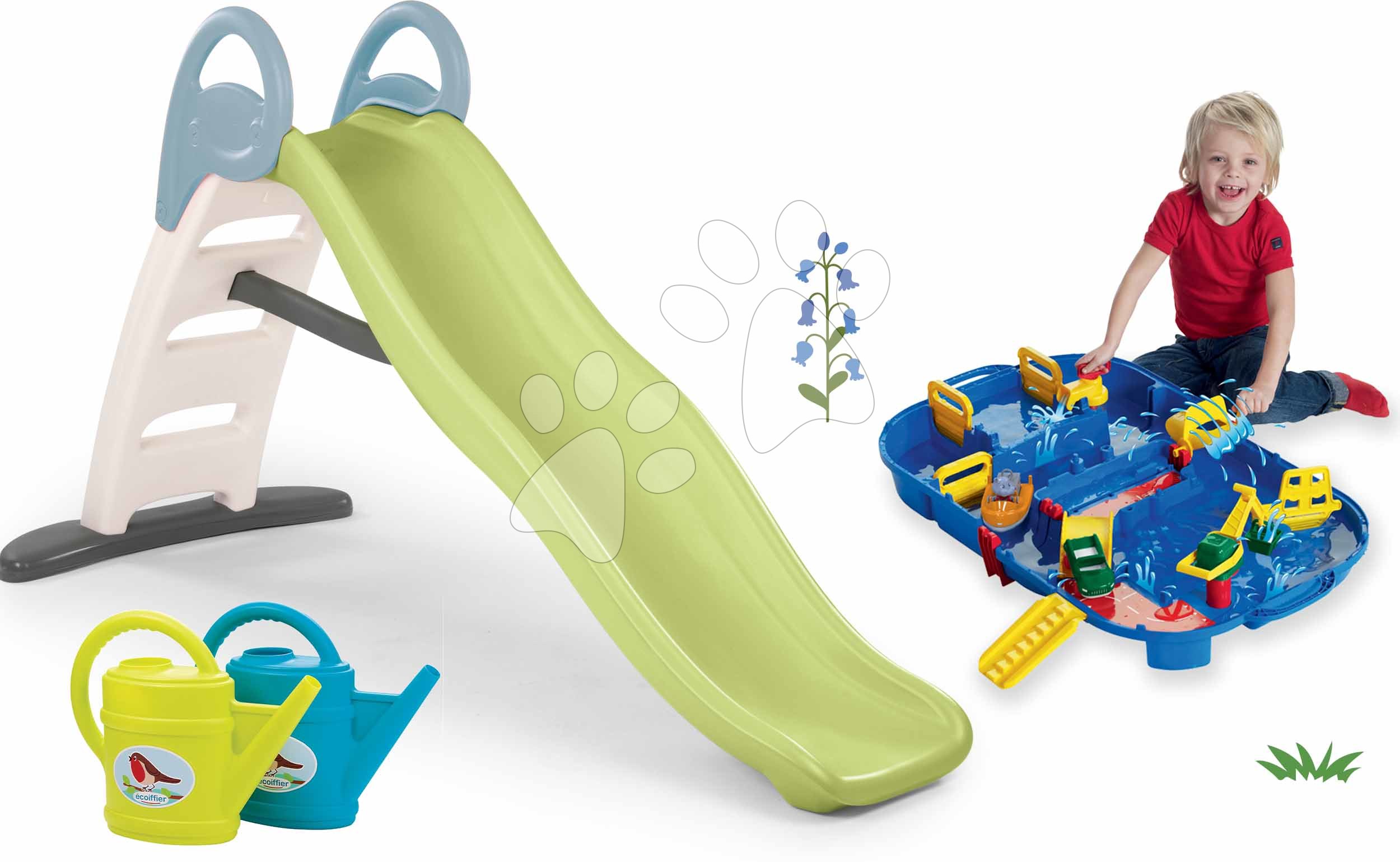 Set skluzavka s dvojitou vlnou a vodní dráha v kufříku Toboggan Life Smoby délka 200 cm s vodotryskem a velká konvička