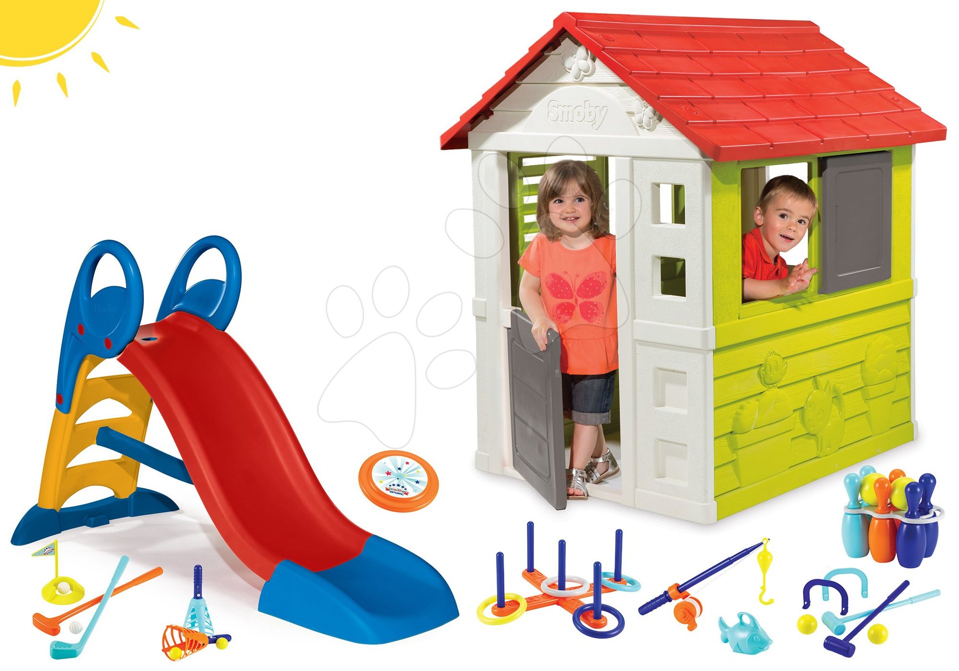 Smoby set šmykľavka Toboggan KS s vodou a domček Nature s okenicou a športové hry 820500-10