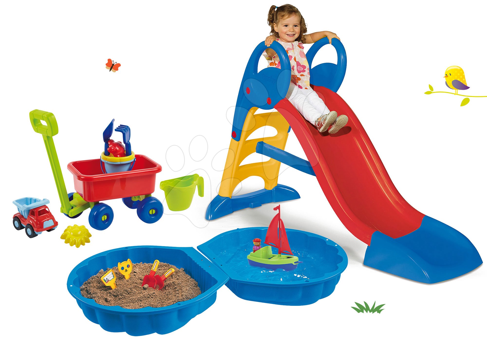 Smoby set šmykľavka Toboggan KS s vodou a pieskovisko Mušľa s plachetnicou a vozíkom 820500-15