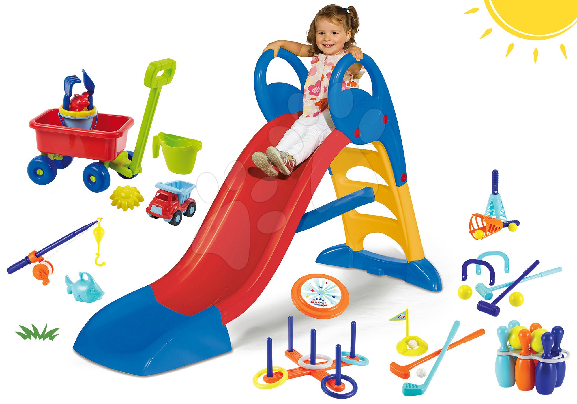 Smoby set šmykľavka Toboggan KS s vodou a vozík na ťahanie s formičkami a športové hry 820500-23