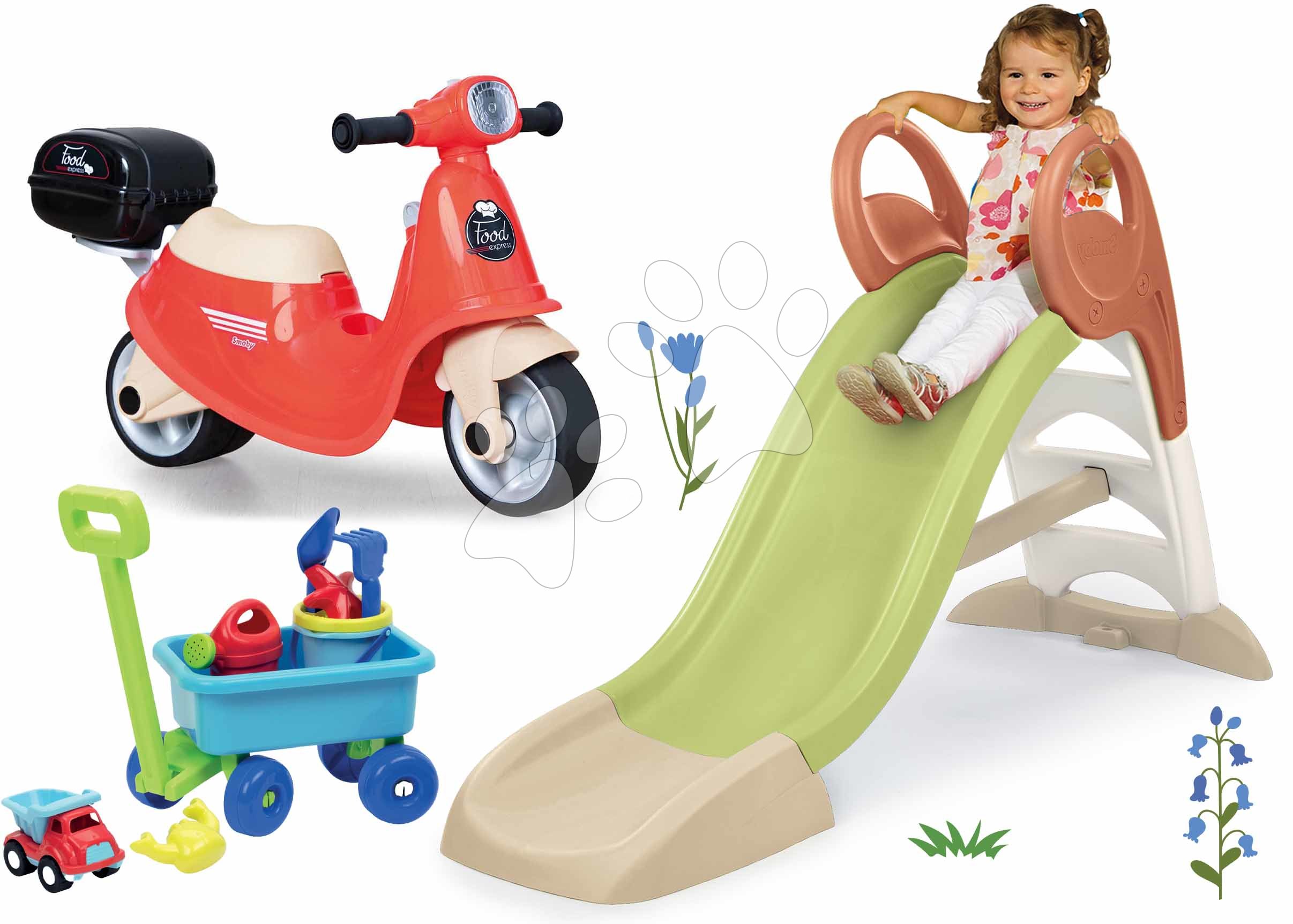 Set skluzavka s vodní hrou a odrážedlo s kufříkem KS Slide Life Smoby délka 150 cm a vozík s kbelík setem