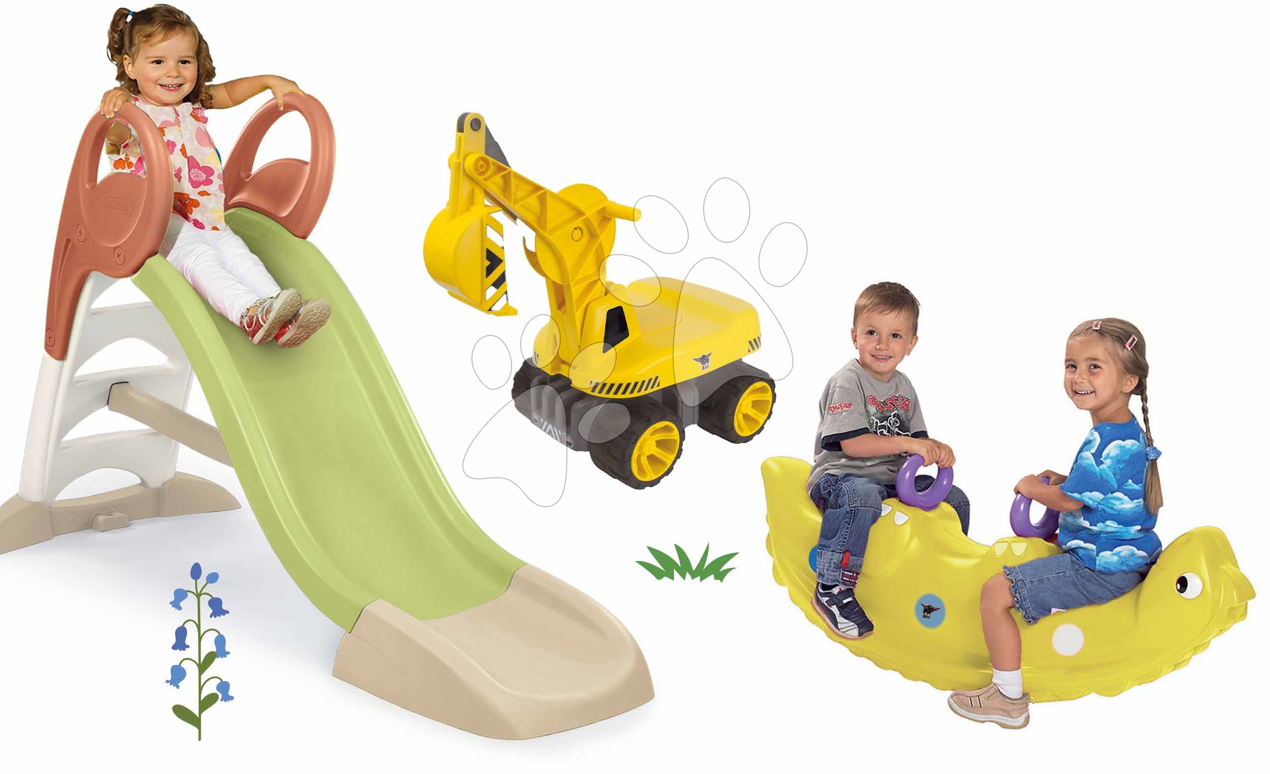 Set skluzavka s vodní hrou a oboustranná houpačka Dinosaurus KS Slide Life Smoby délka 150 cm a bagr se sedadlem