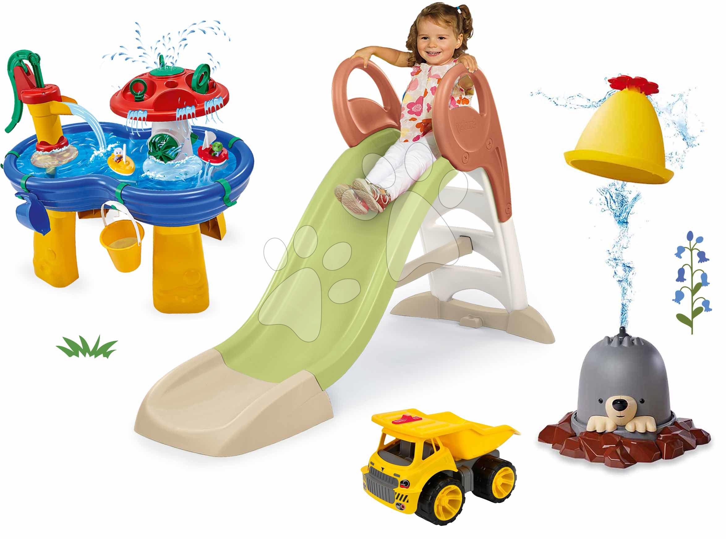 Set skluzavka a vodní hra Krtek s vodotryskem KS Slide Life Smoby délka 150 cm s vodotryskem a vodní dráha stůl