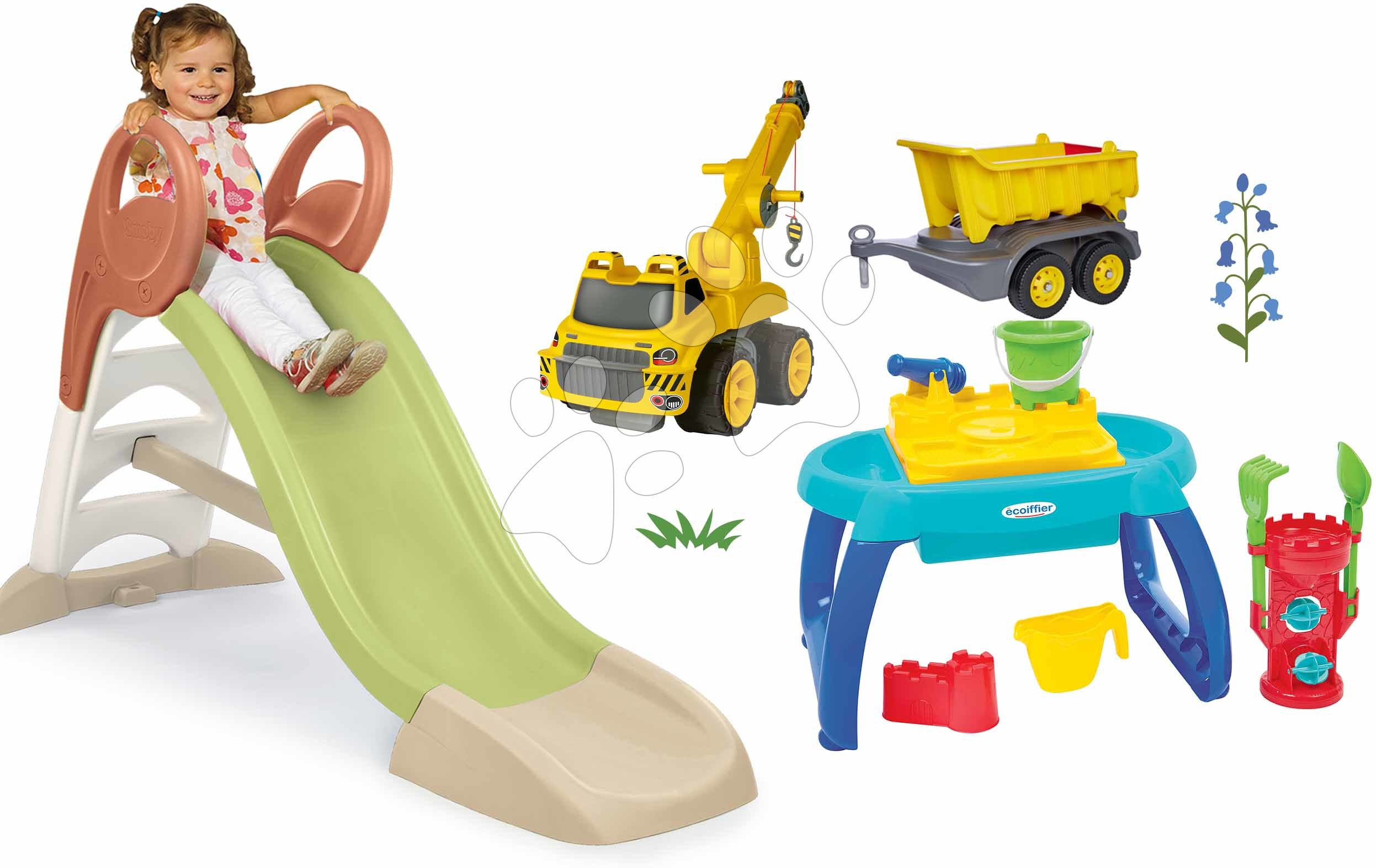 Set šmykľavka s vodnou hrou a stôl pieskovisko Summer KS Slide Life Smoby dĺžka šmyku 150 cm a stavbárske odrážadlo s prívesom
