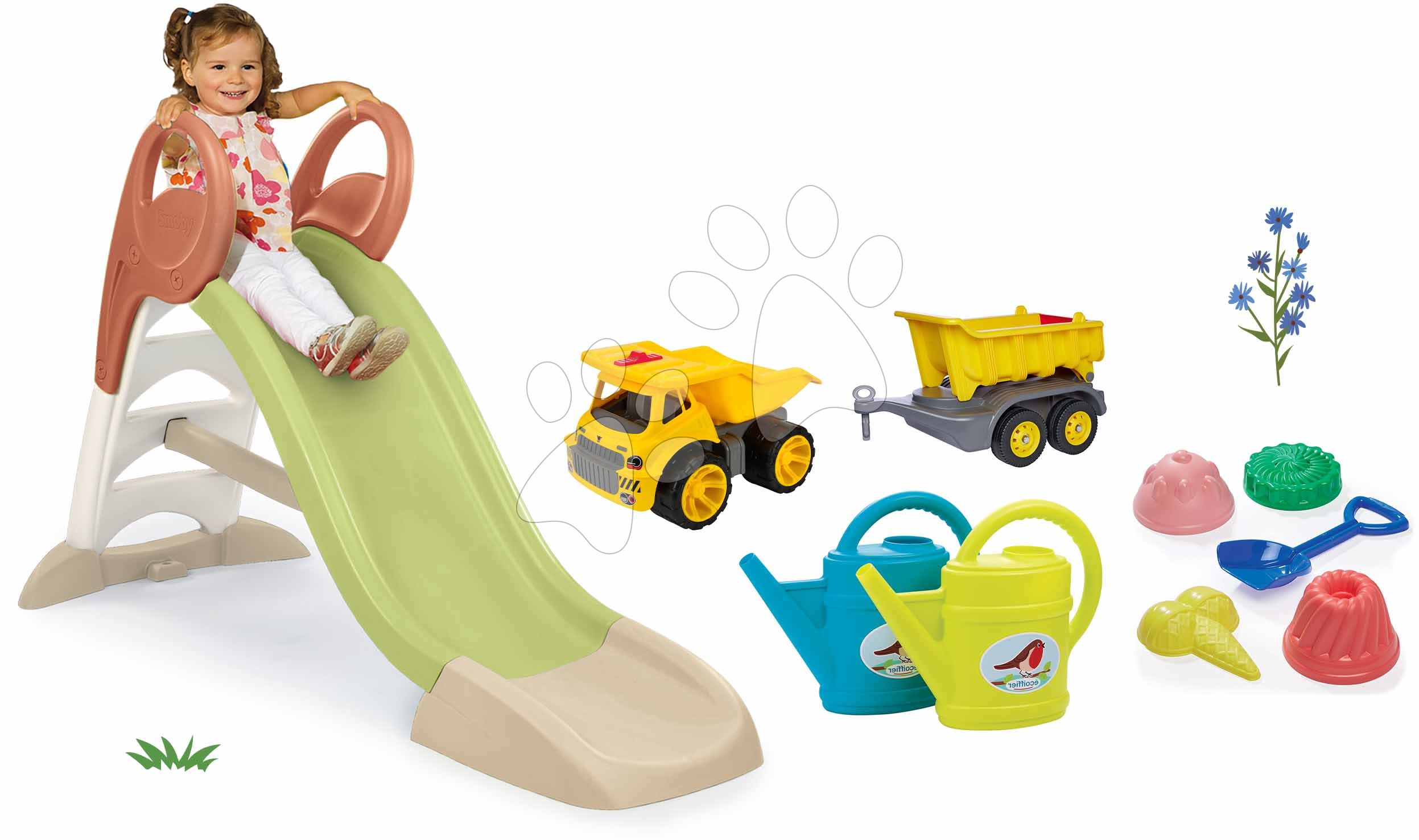 Set skluzavka s vodní hrou a nákladní automobil s přívěsem KS Slide Life Smoby délka 150 cm a konvička s bábovičkami