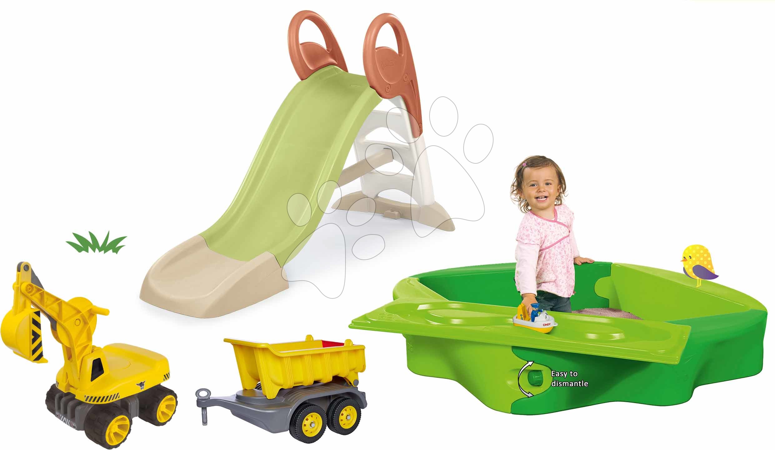Set šmykľavka a pieskovisko s vodnou dráhou a krytom KS Slide Life Smoby dĺžka šmyku 150 cm a bager Maxi Power s prívesom