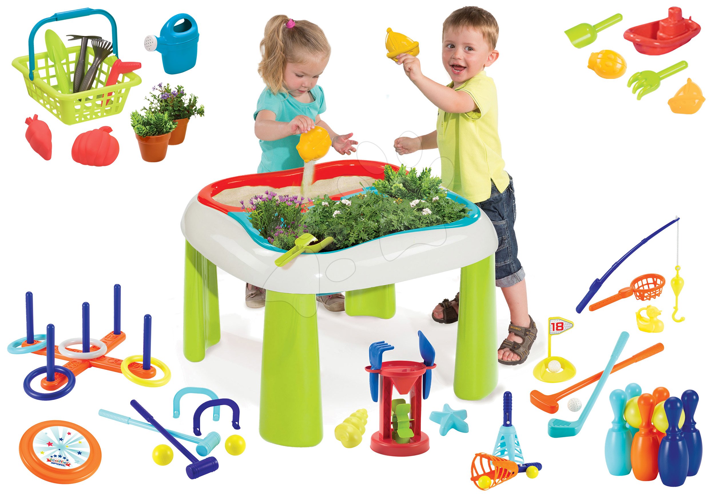 Dětský záhradní nábytek - Set stůl Zahradník De Jardinage 2v1 Smoby dvoudílný se zahrádkou s mlýnem a sportovní hry
