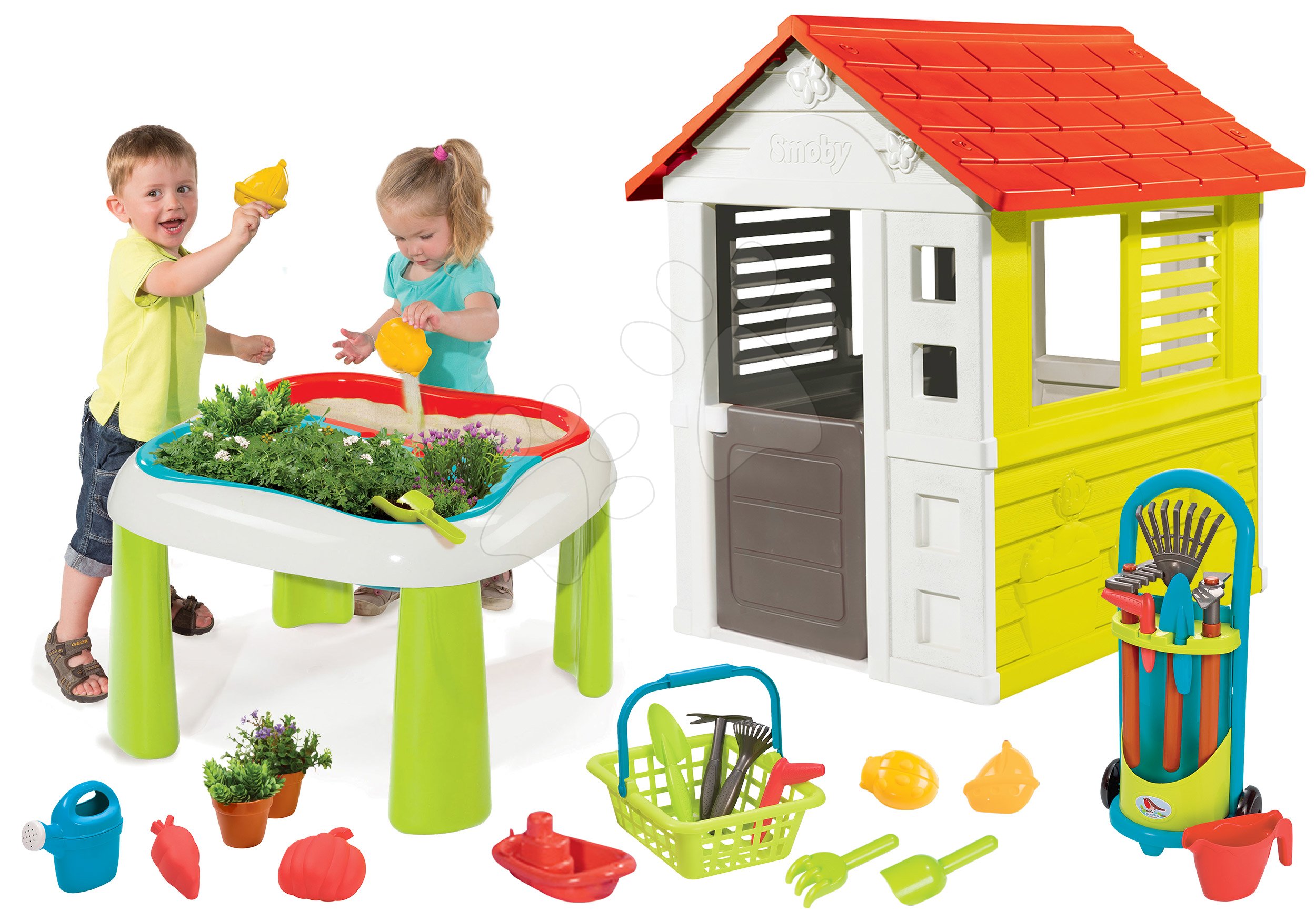Detský záhradný nábytok sety - Set stôl Záhradník De Jardinage 2v1 Smoby dvojdielny so záhradkou a domček Lovely a vozík s náradím