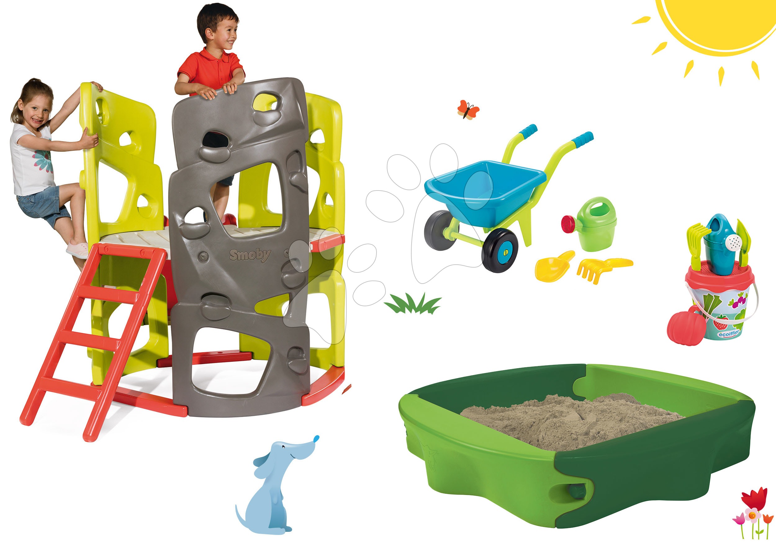 Set preliezačka Multiactivity Climbing Tower Smoby na šplhanie so šmykľavkou a pieskovisko s krytom a fúrikom od 24 mes