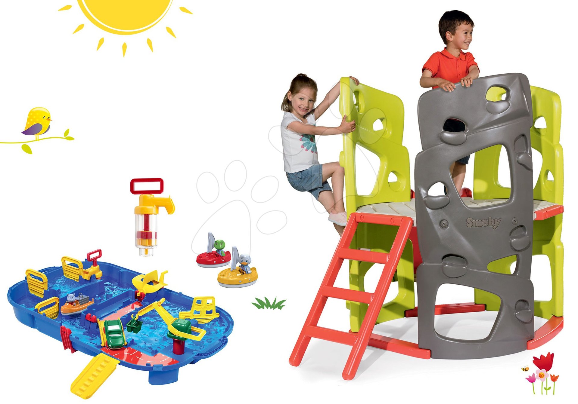 Set preliezačka Multiactivity Climbing Tower Smoby na šplhanie so šmykľavkou a vodná dráha Lock Box v kufríku s loďkami a pumpou od 24 mes