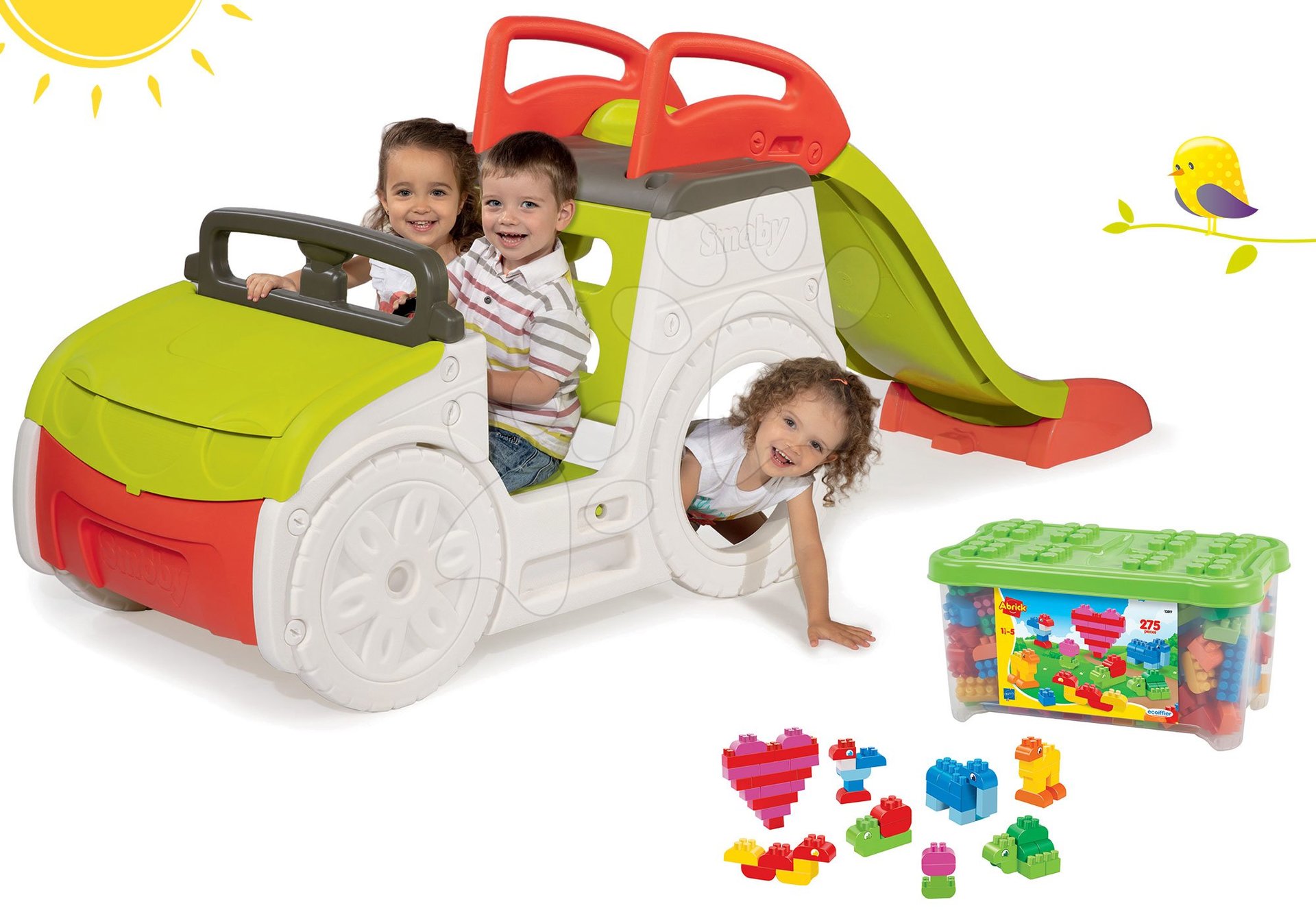 Smoby set preliezačka Adventure Car a Écoiffier stavebnica v dóze 300 ks 840200-10