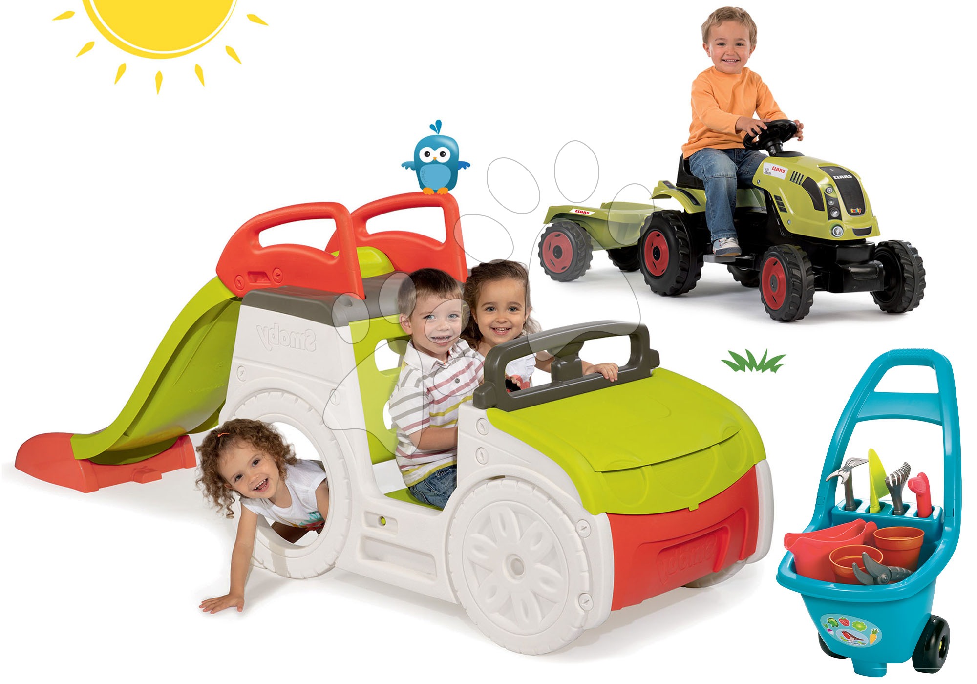 Preliezačky sety - Set preliezačka Adventure Car Smoby so šmykľavkou dlhou 150 cm, traktor Claas Farmer XL a vozík pre záhradníka od 24 mes