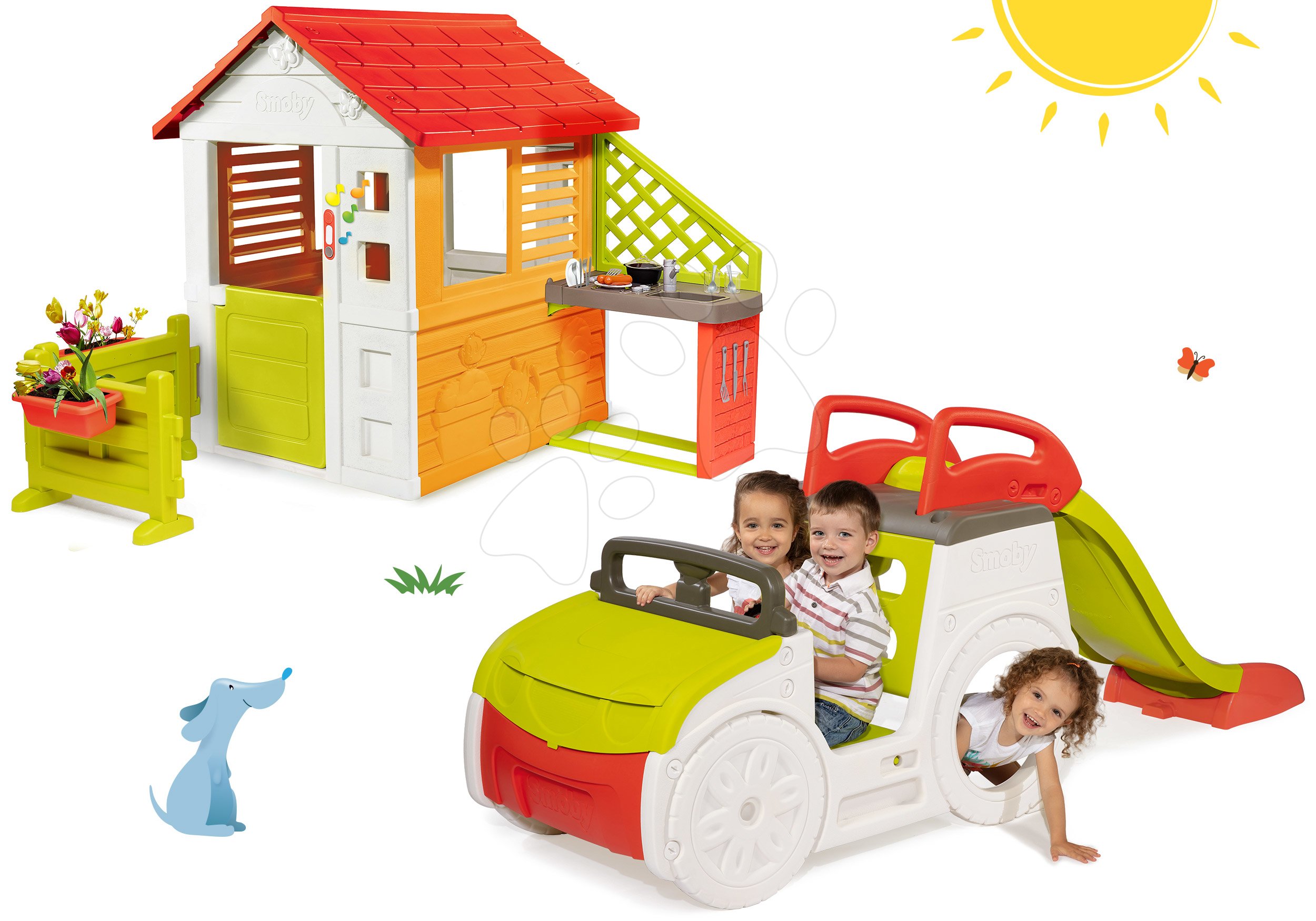 Preliezačky sety - Set preliezačka Adventure Car Smoby so šmykľavkou a domček Slniečko Sunny so zvončekom, kuchynkou a záhradkou od 24 mes