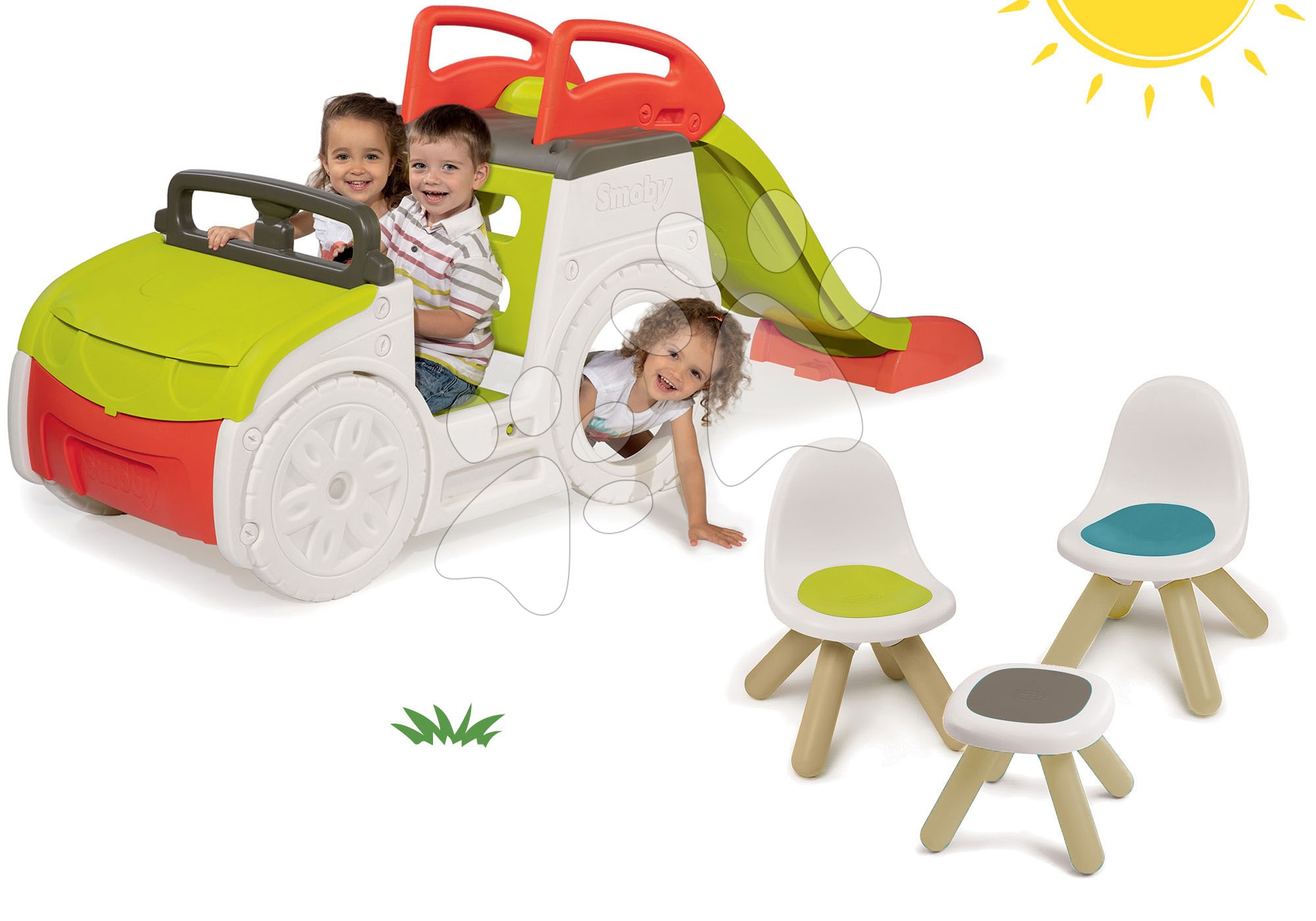 Prolézačky sety - Set prolézačka se skluzavkou Adventure Car Smoby dlouhou 150 cm, stůl Piknik, dvě židle KidChair Red od 24 měsíců
