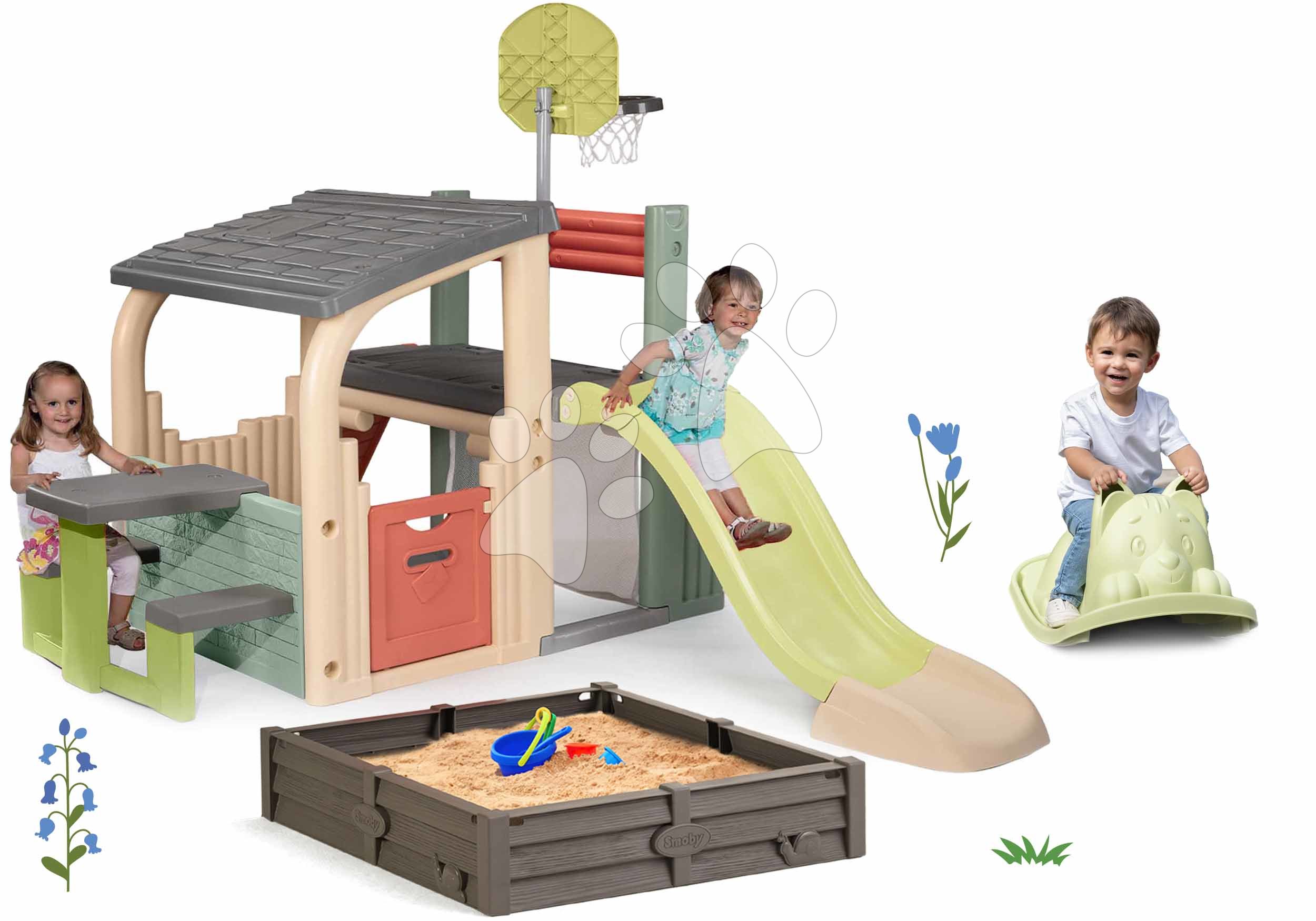 Set hrací centrum Fun Center Smoby se skluzavkou a zelená houpačka Kocour od 24 měsíců