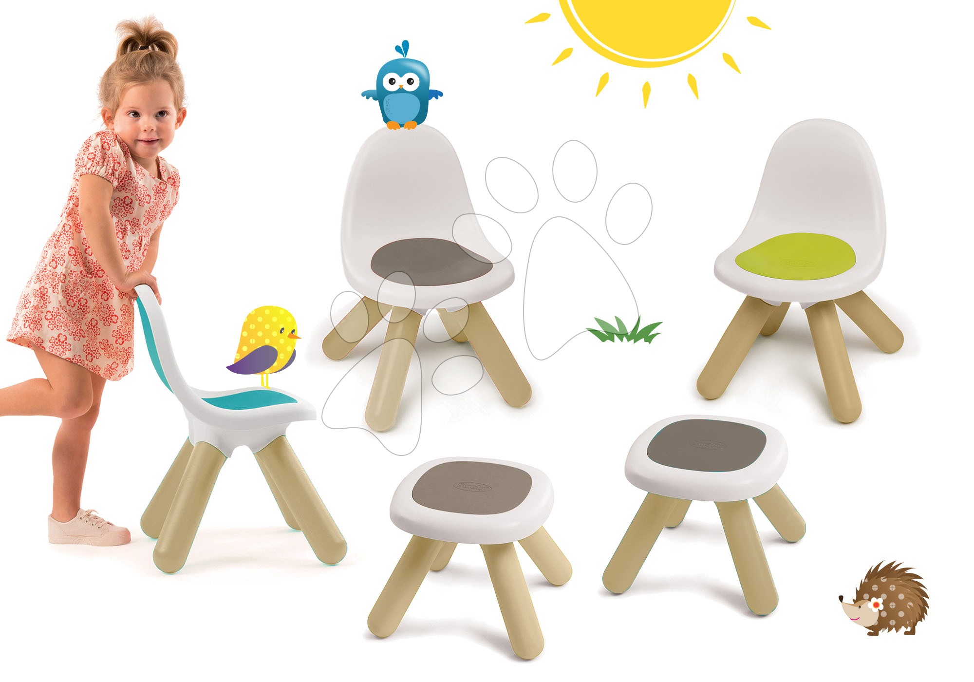 Detský záhradný nábytok sety - Set 3 stoličiek KidChair Smoby a 2 stolíkov (UV filter) zelená modrá a šedá od 18 mes