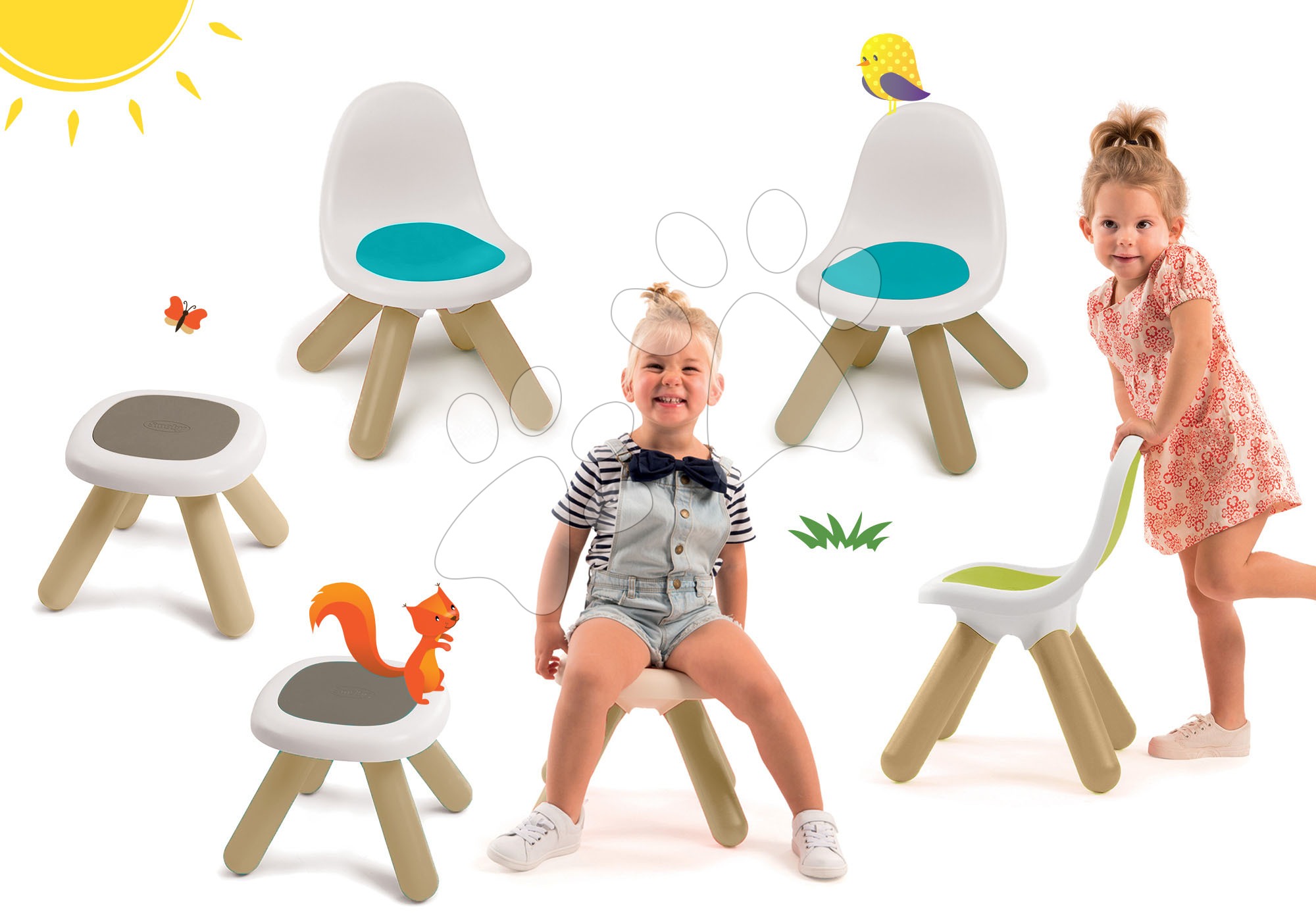 Dětský záhradní nábytek sety - Set 3 židlí KidChair Smoby a 2 stolků (UV filtr) modrá zelená a šedá od 18 měsíců