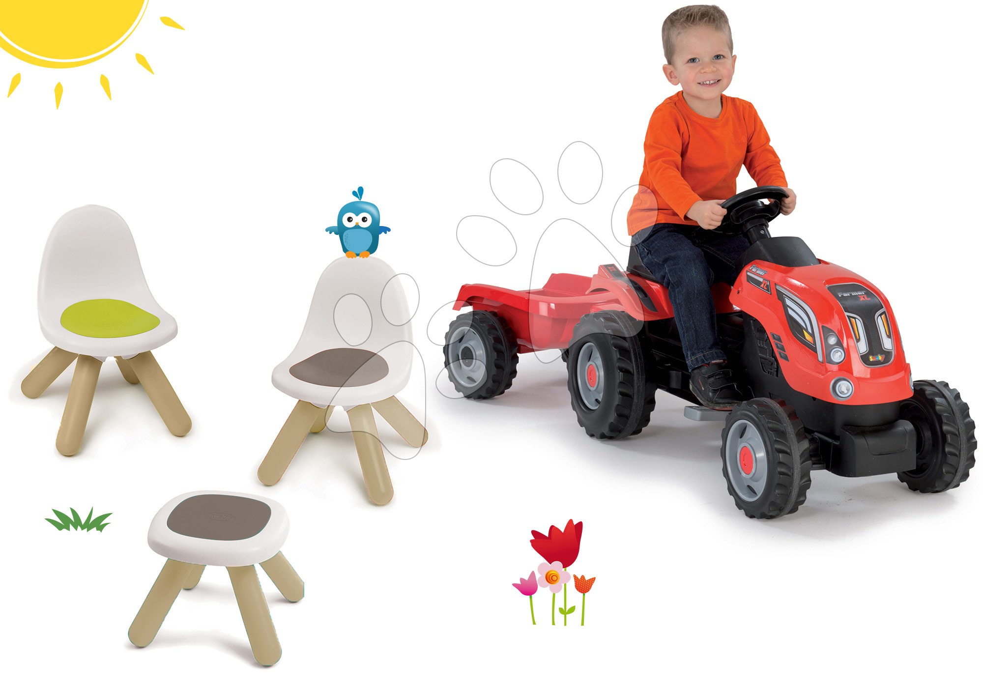 Detský záhradný nábytok sety - Set Piknik stolík s dvoma stoličkami KidChair Smoby a traktor RX Bull s prívesom od 24 mes