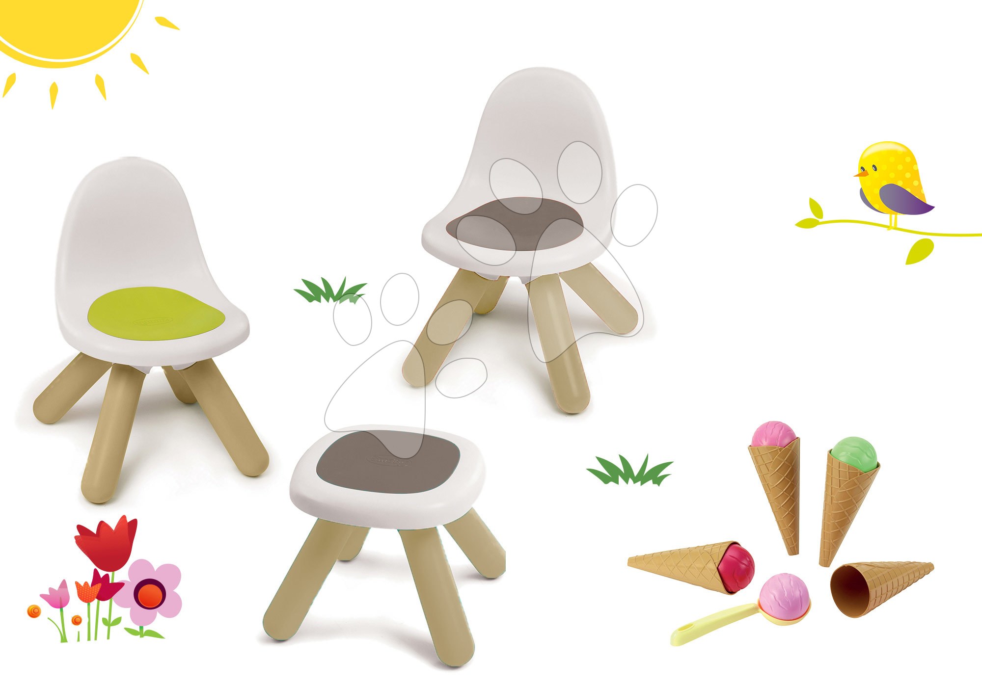Detský záhradný nábytok - Set Piknik stolík s dvoma stoličkami KidChair Smoby a zmrzlina s kornútkom od 24 mes