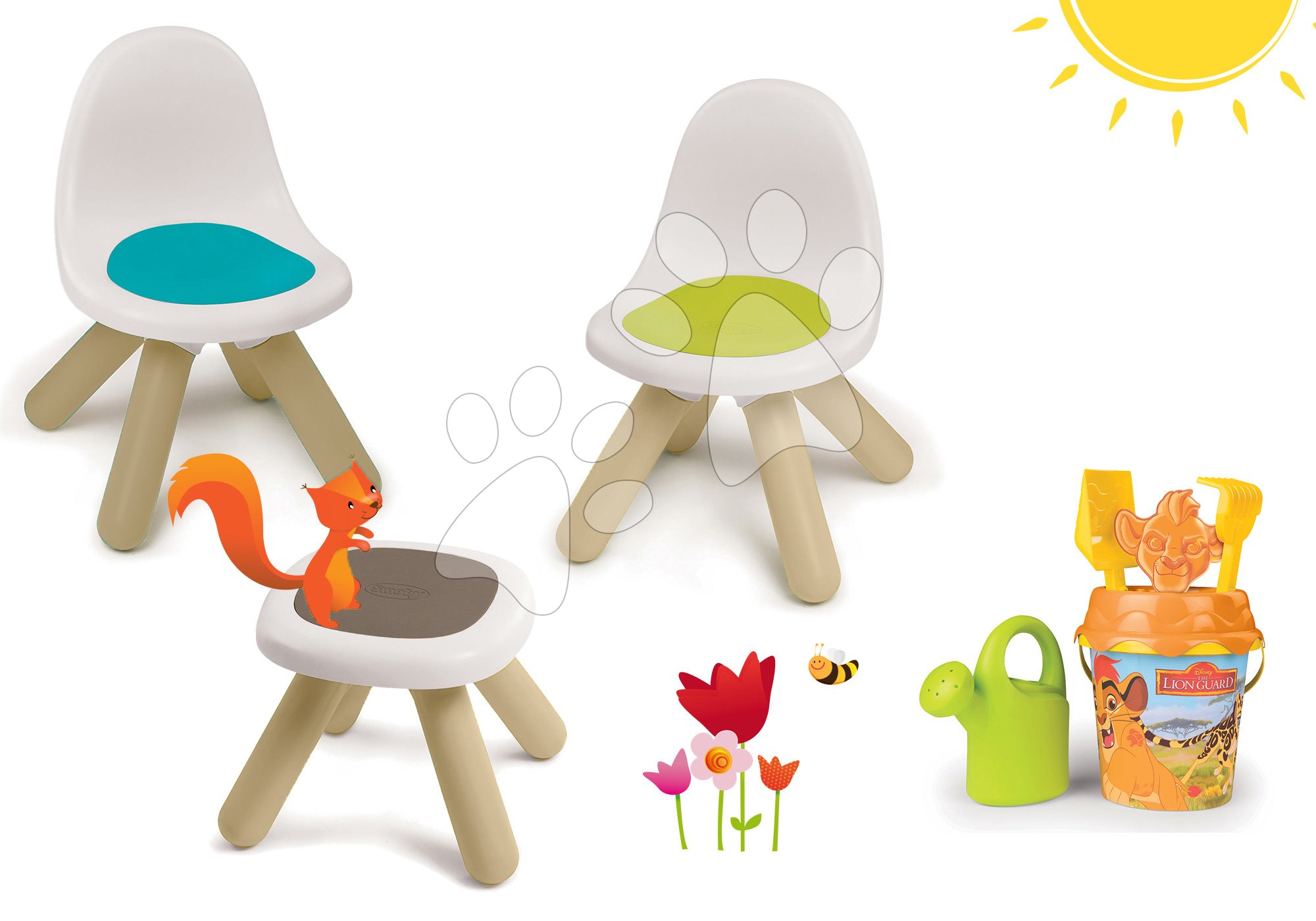 Detský záhradný nábytok sety - Set stôl Piknik s 2 stoličkami KidChair Smoby a vedro set od 24 mes