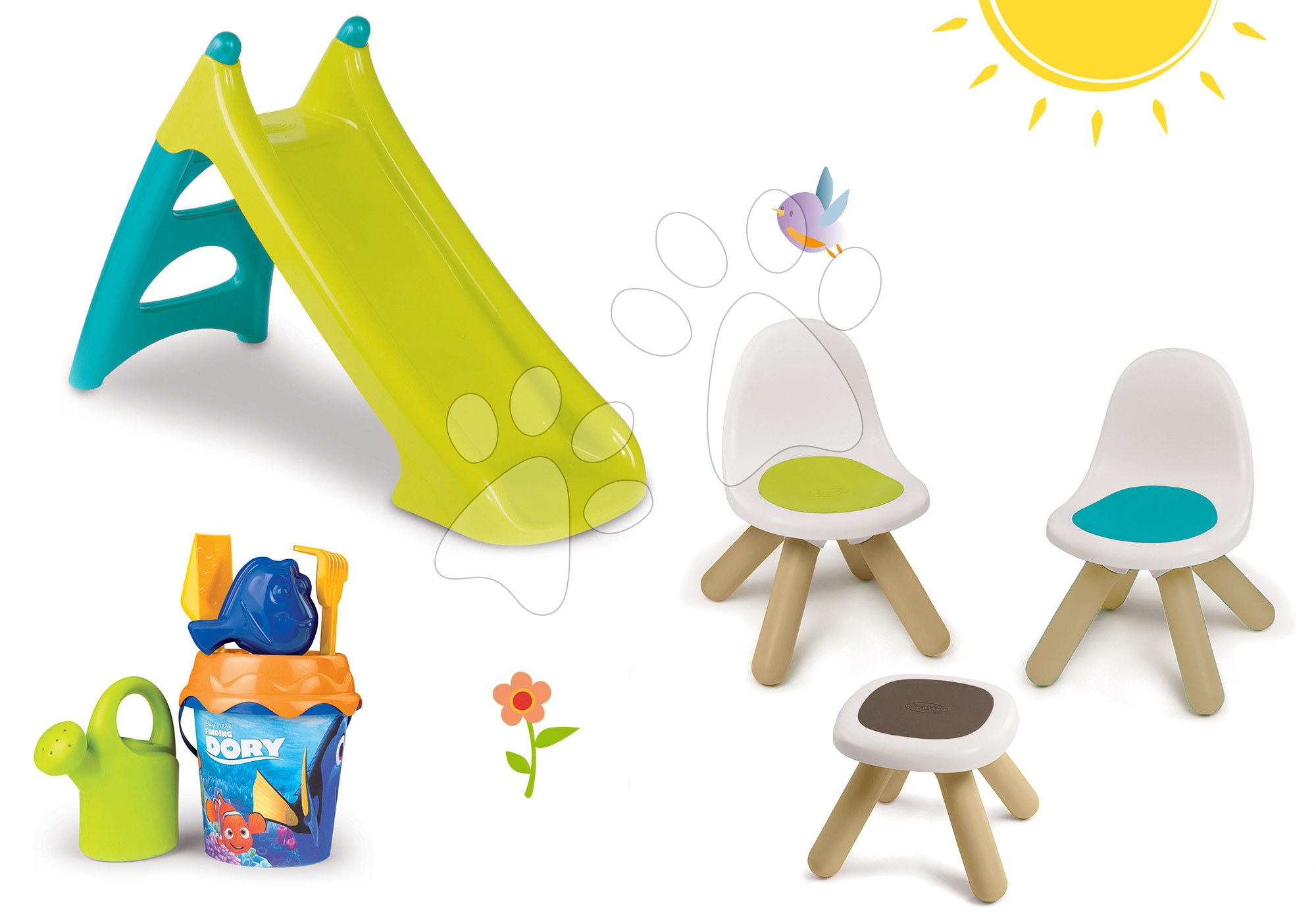 Detský záhradný nábytok sety - Set stôl Piknik Smoby s 2 stoličkami KidChair a šmykľavka Toboggan XS dlhá 90 cm a Disney vedro set od 24 mes