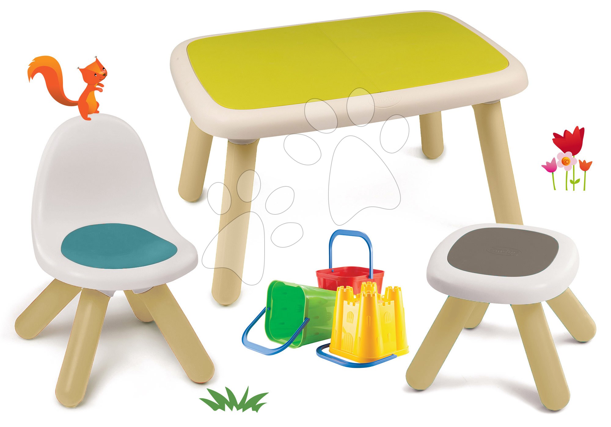 Set stůl pro děti KidTable zelený Smoby se židlí a stolečkem s UV filtrem s kbelíkem do písku