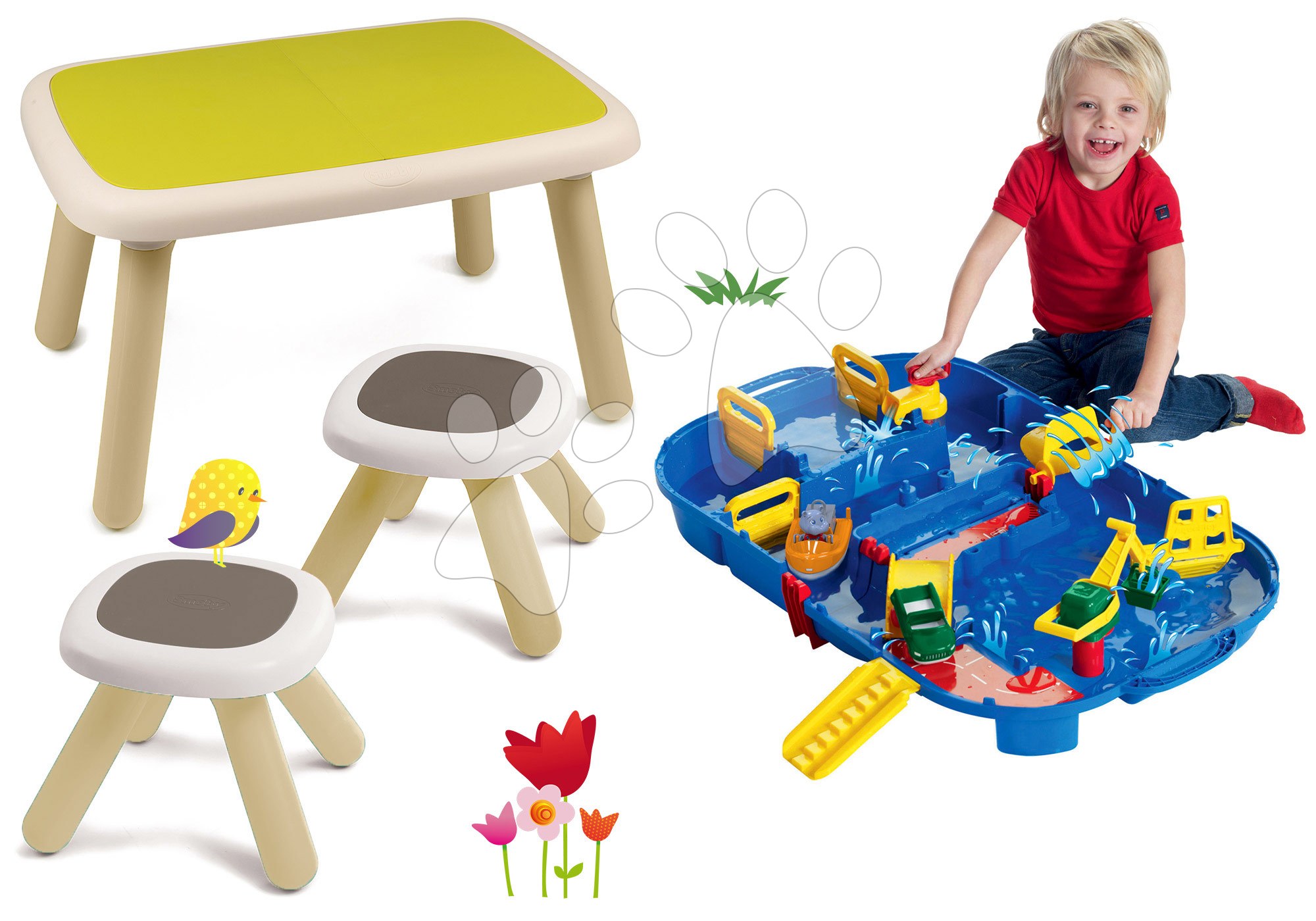 Set stôl pre deti KidTable zelený Smoby s dvoma stolčekmi a vodná dráha LockBox