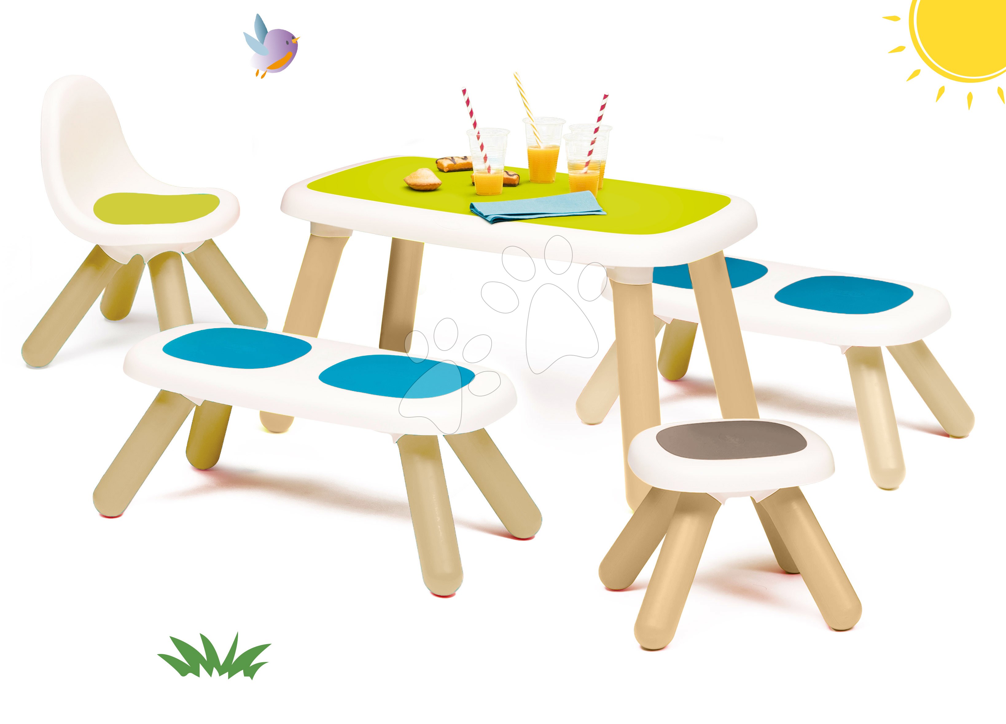 Set stôl pre deti KidTable Smoby zelený s dvoma lavičkami zelenou stoličkou a šedou taburetkou