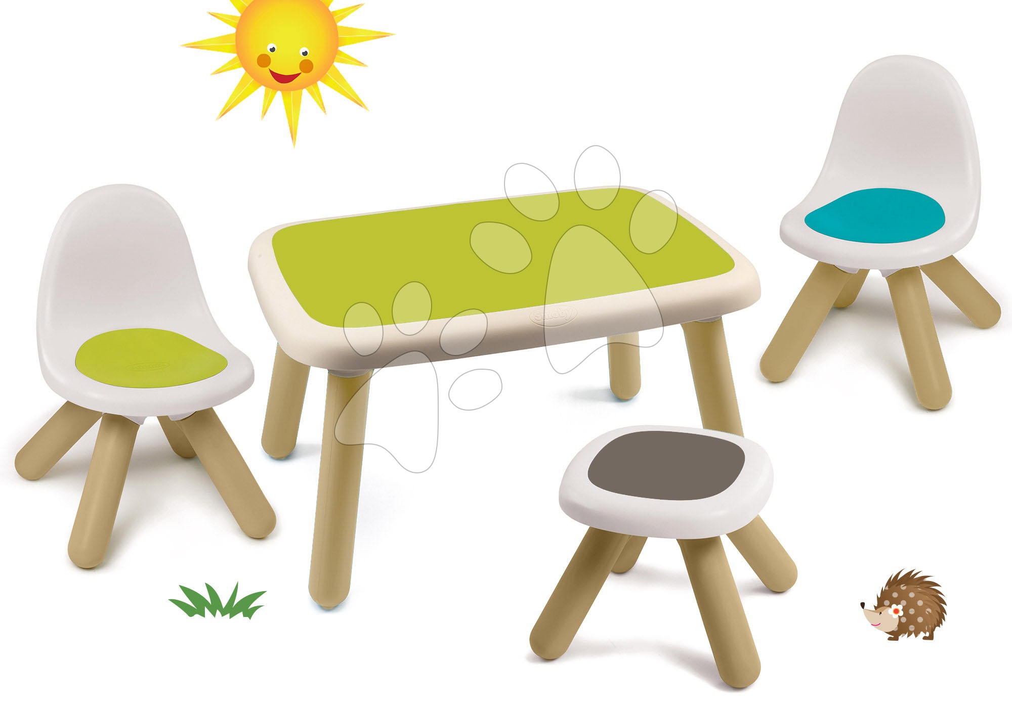 Dětský záhradní nábytek sety - Set stůl pro děti KidTable zelený Smoby se dvěma židlemi a stolkem s UV filtrem