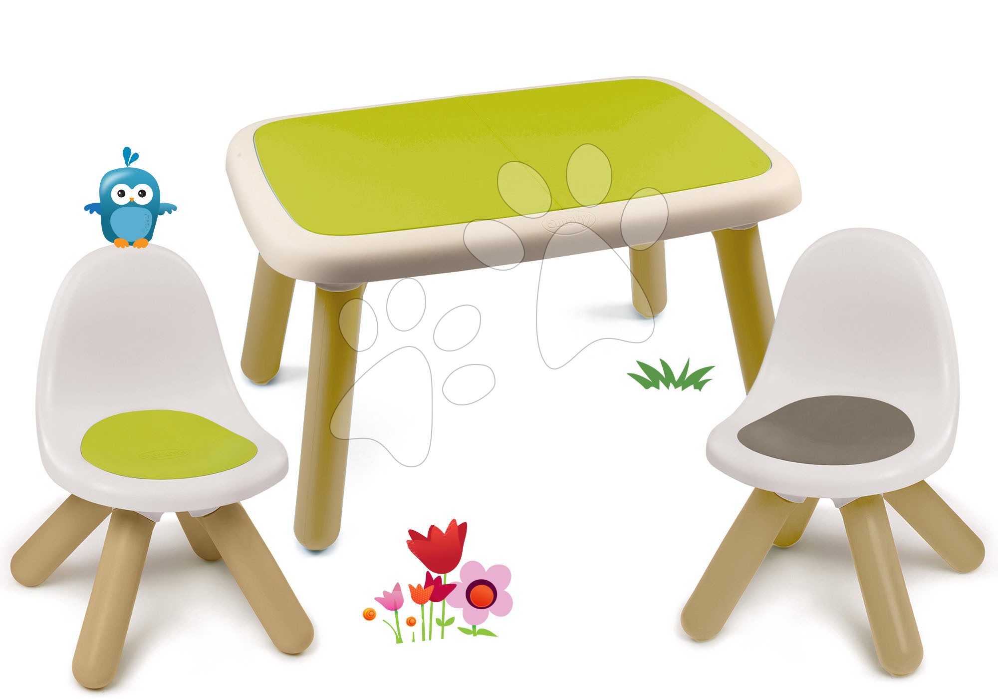 Detský záhradný nábytok sety - Set stôl pre deti KidTable zelený Smoby s dvoma stoličkami s UV filtrom