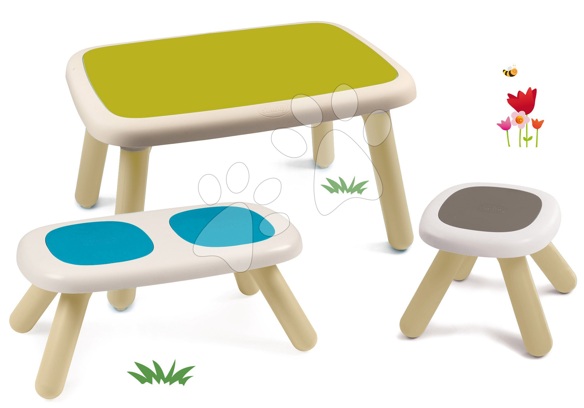 Set stôl pre deti KidTable modrý Smoby s lavicou a stolčekom s UV filtrom
