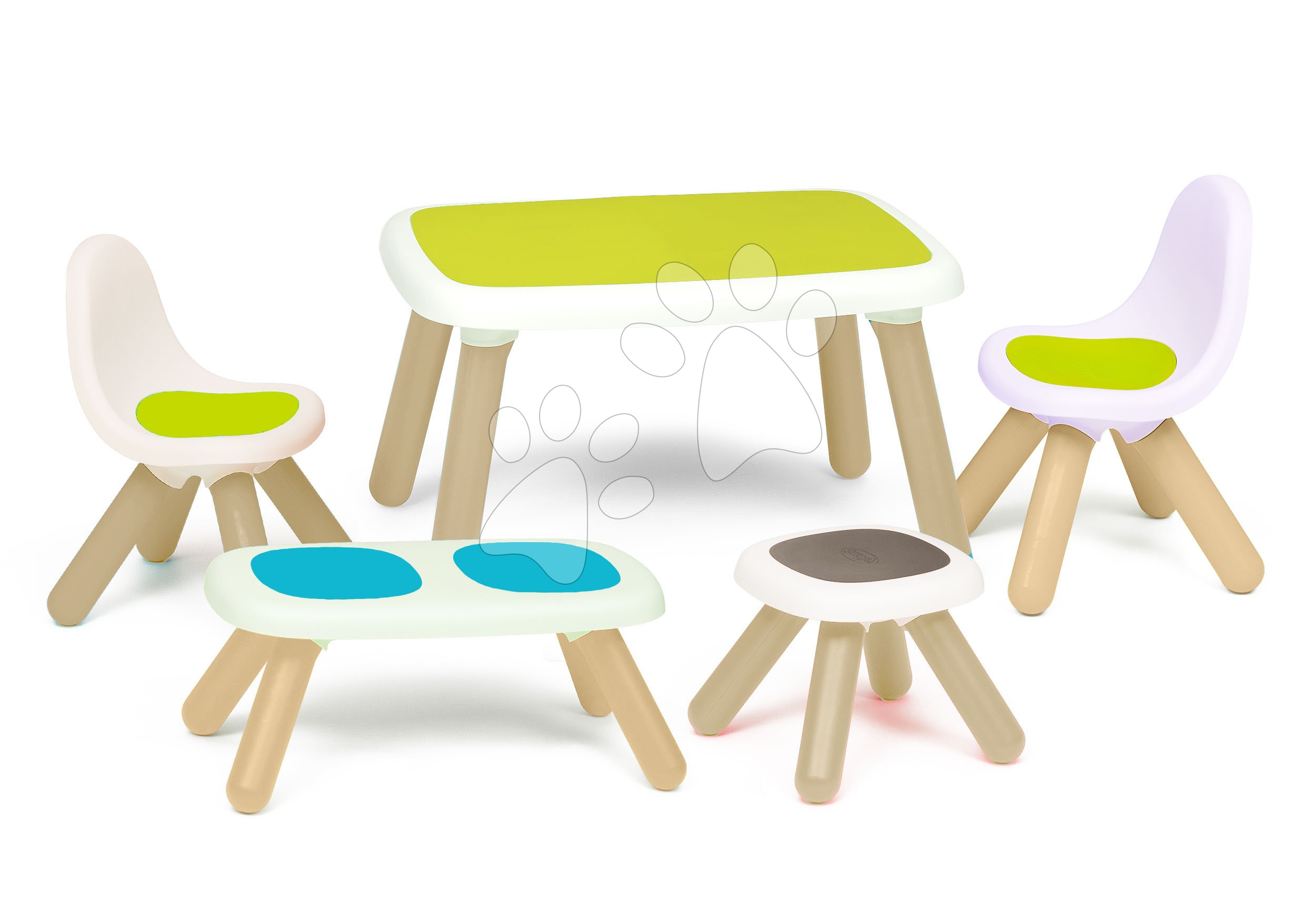 Set stôl pre deti KidTable Smoby zelený s lavičkou taburetkou a dvoma stoličkami