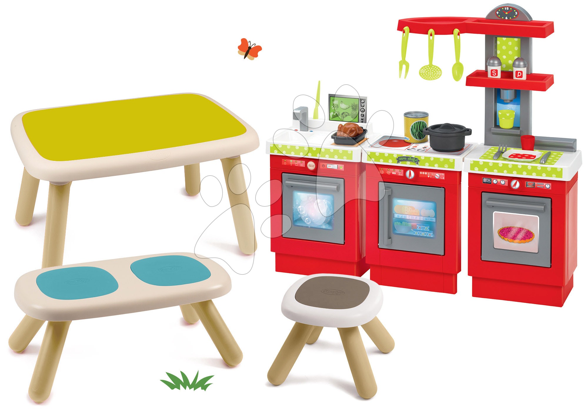 Set stôl pre deti KidTable červený Smoby s lavicou, stolčekom s UV filtrom a kuchynkou