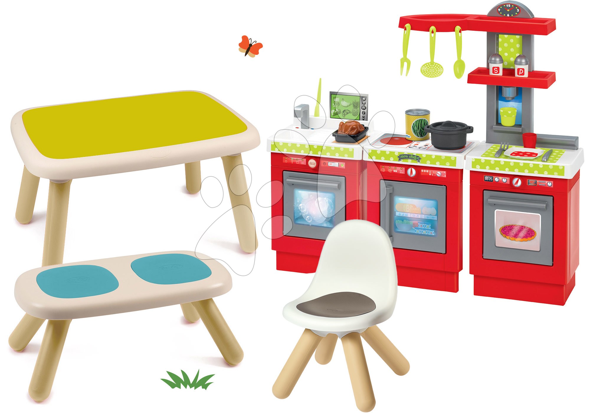 Set stôl pre deti KidTable zelený Smoby s lavicou stoličkou s UV filtrom a kuchynkou