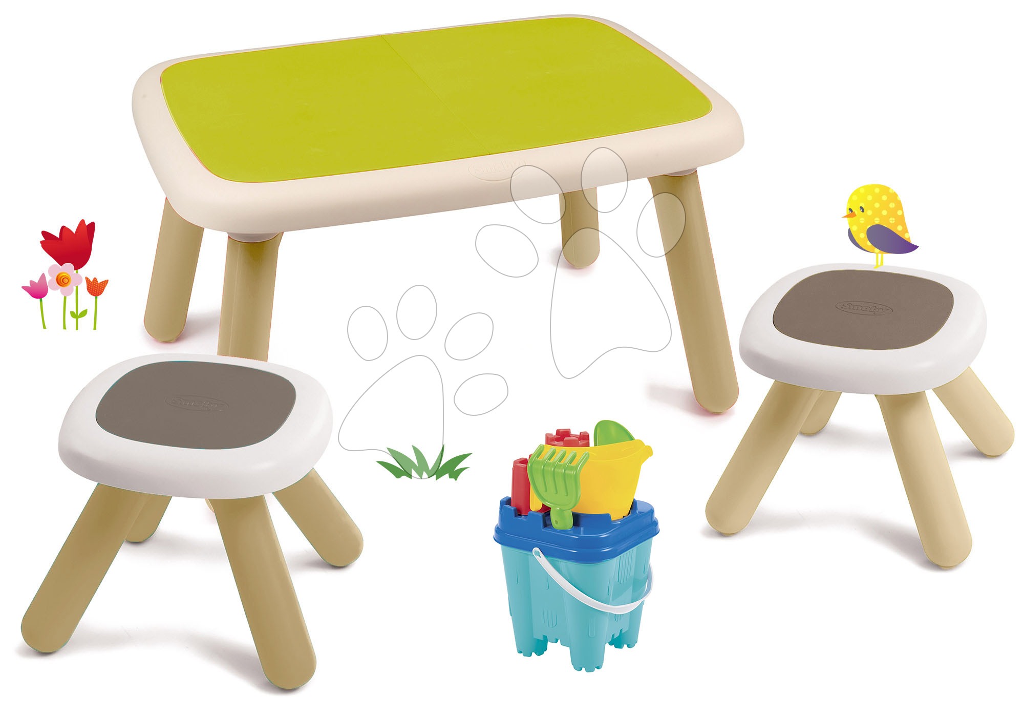 Detský záhradný nábytok sety - Set stôl pre deti KidTable zelený Smoby s dvoma stolčekmi s UV filtrom a vedro setom