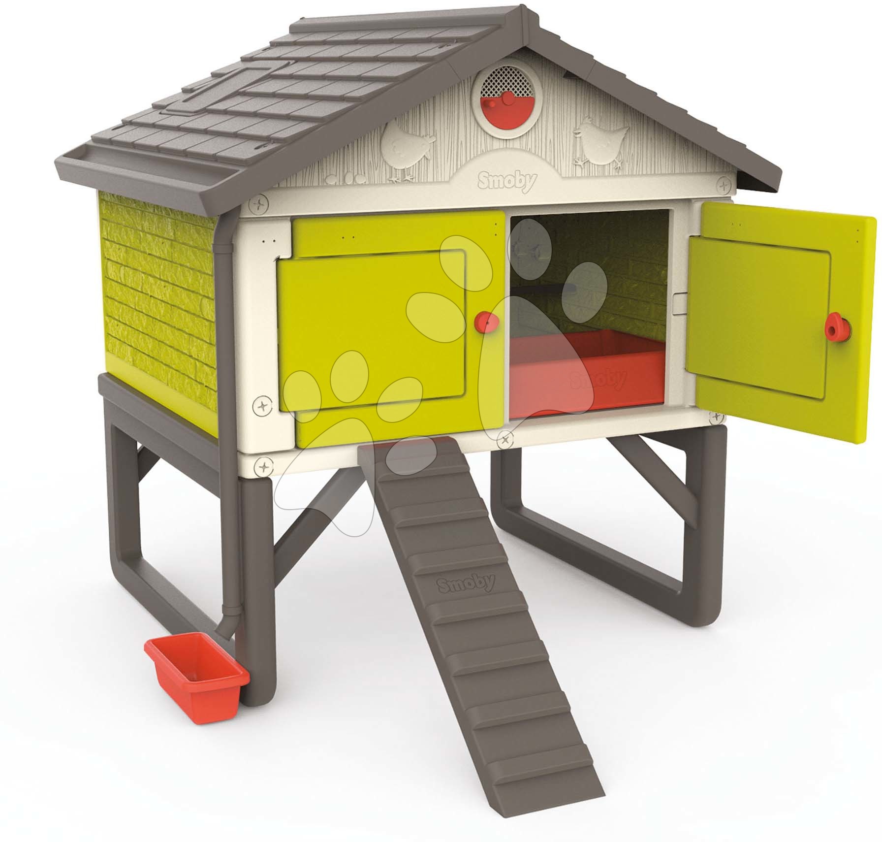 Tyúkól 5 tyúknak Cluck Cluck Cottage Green Smoby 4 ajtós feljáróval etetővel és fészek műtojással 128 cm magas