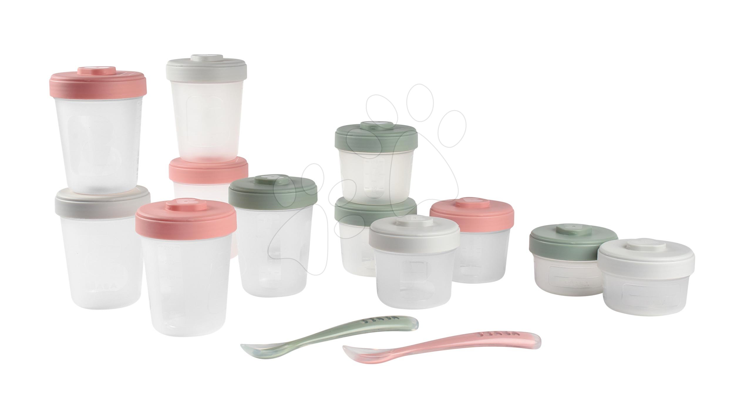 E-shop Set 12 dóz na jedlo Beaba Expert Meal & Food Storage Pack Eucalyptus 12 clip a 2 silikónové lyžičky ružové