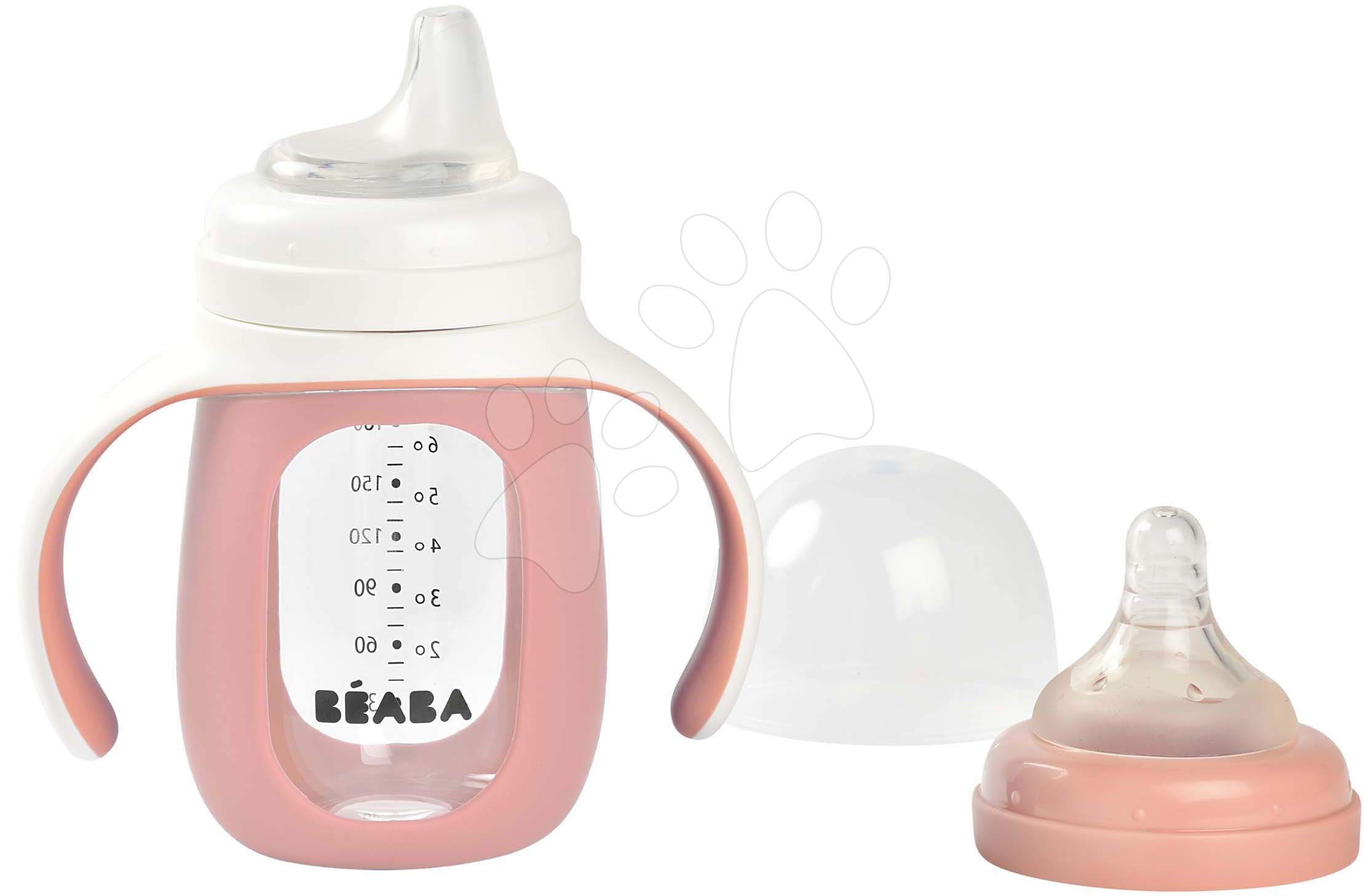 Láhev Bidon na učení pití 2v1 Learning Bottle 210ml Pink Beaba s růžovým silikonovým obalem od 4 měsíců