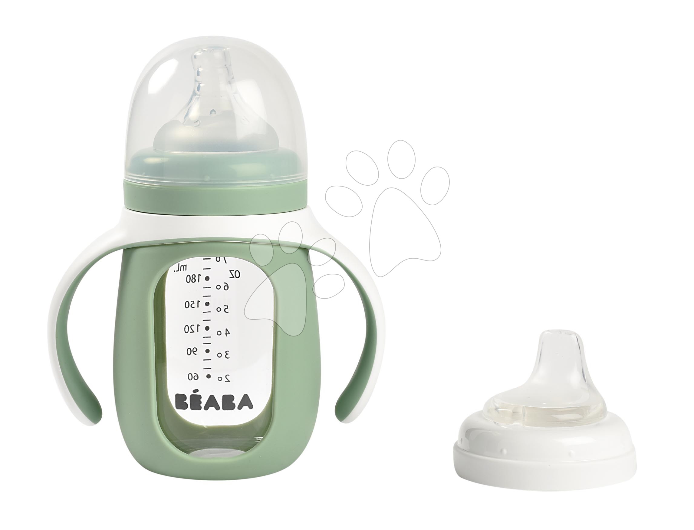 Tanuló ivó palack Bidon 2in1 Training Bottle Beaba Sage Green 210 ml szilikon borítással zöld 4 hó-tól BE913537