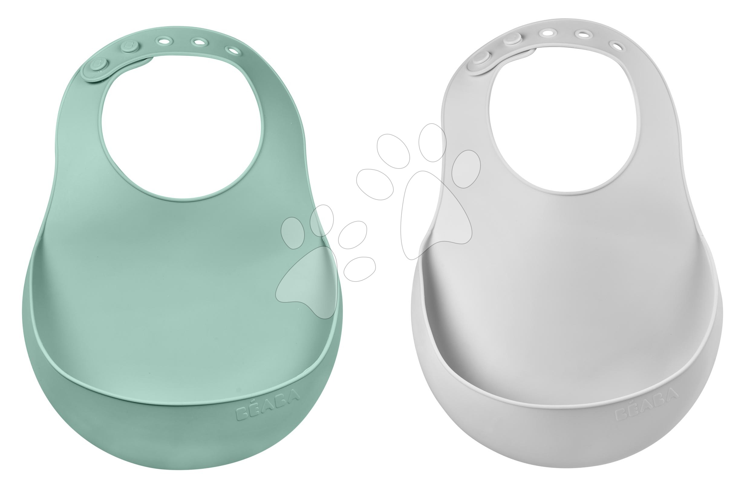 Előkék Silicone Bib Beaba Light Mist & Sage Green puha szilikonból gombokkal 2 drb 4 hó-tól