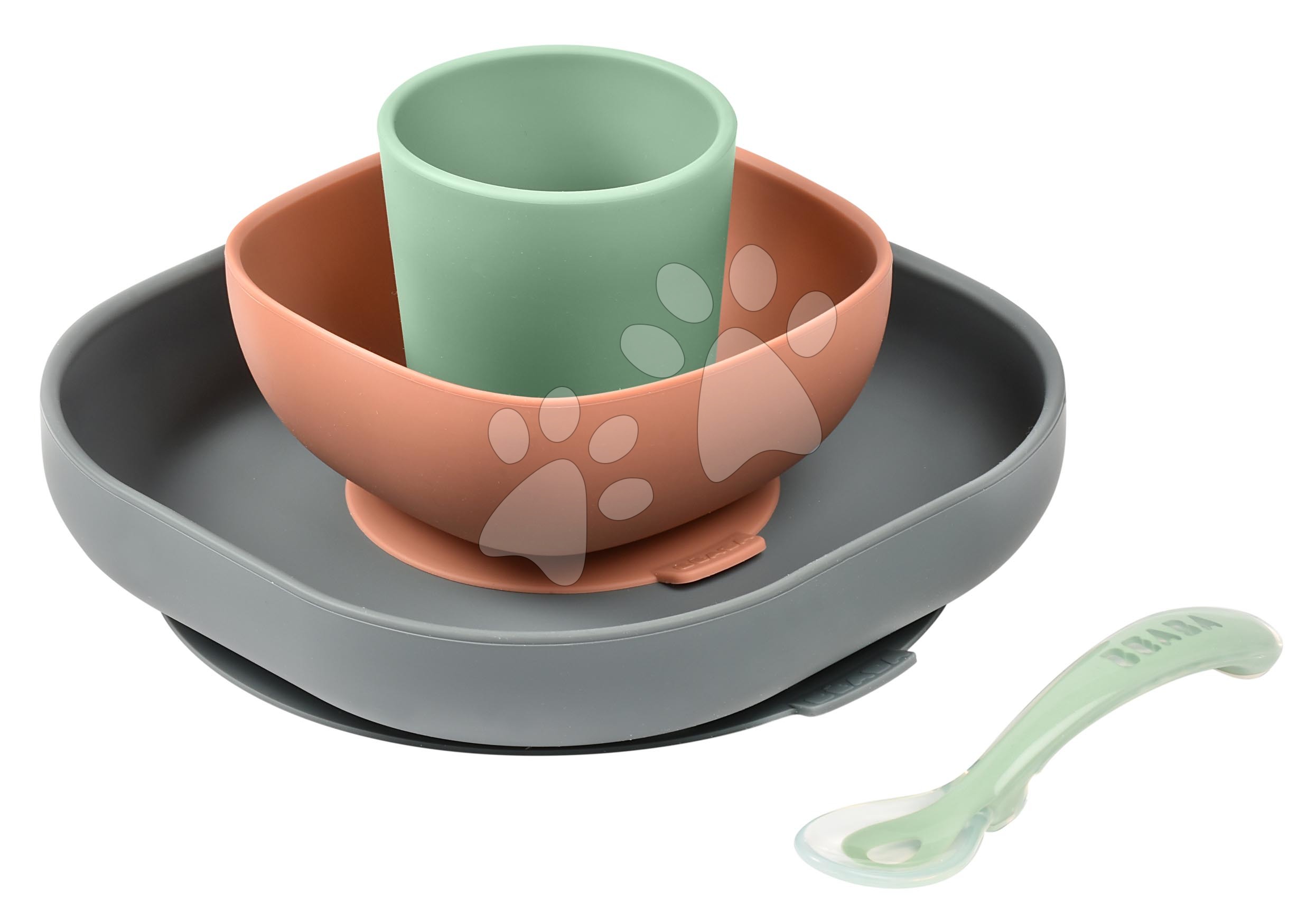 Jídelní souprava Silicone Meal Set Beaba Mineral ze silikonu 4dílná šedo-oranžovo-zelená od 4 měsíců