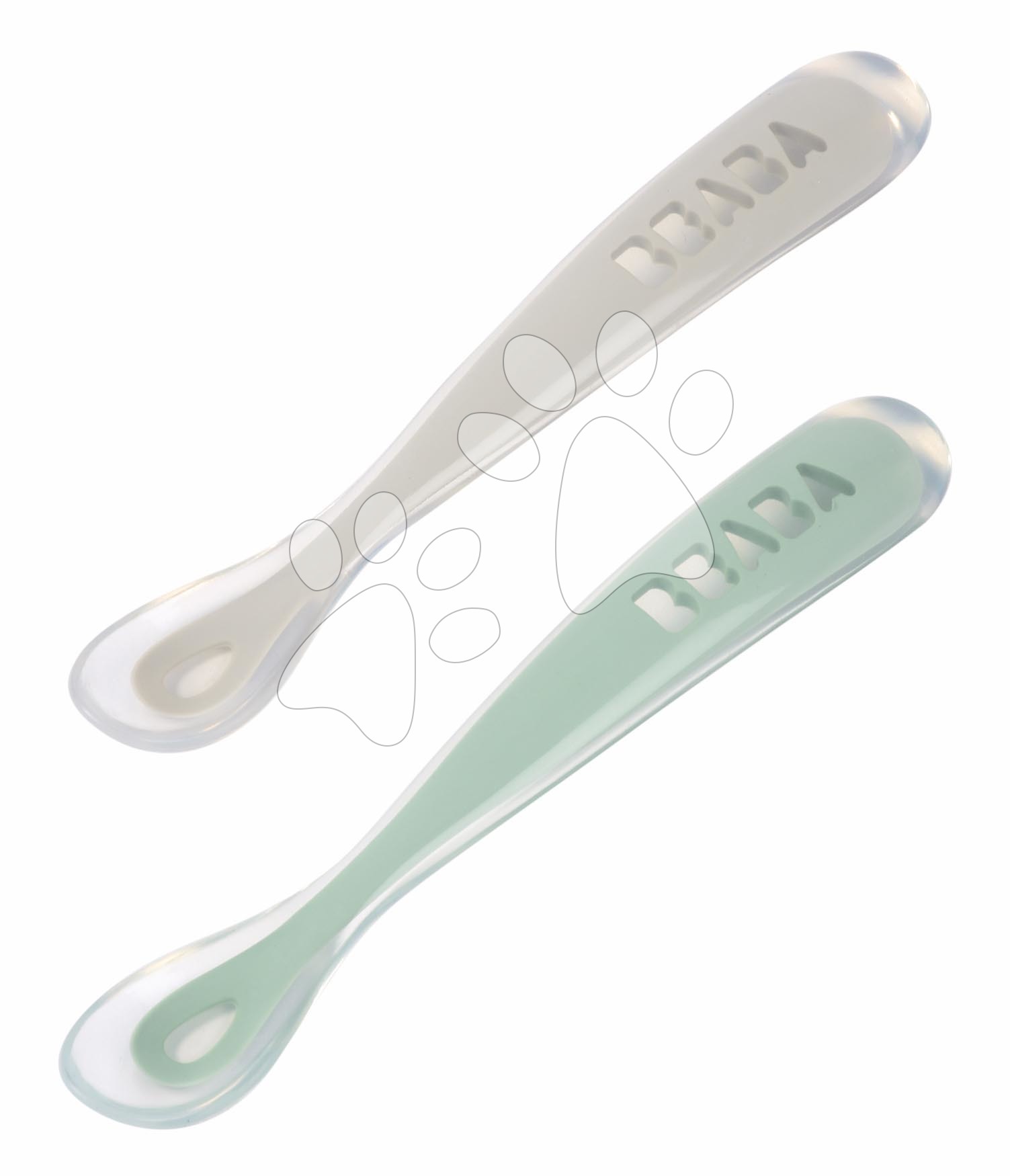 Ergonomikus kanalak 1st Age Silicone Spoons Beaba Grey & Sage szilikonból egyedüli étkezéshez 2 drb 4 hó-tól BE913552