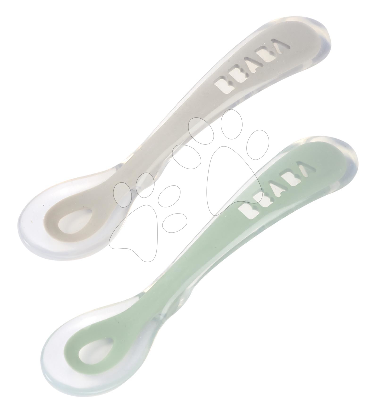 Ergonomické lžičky 2nd Age Silicone Spoons Beaba Velvet Grey & Sage Green ze silikonu k samostatnému jídlu 2 kusy od 8 měsíců