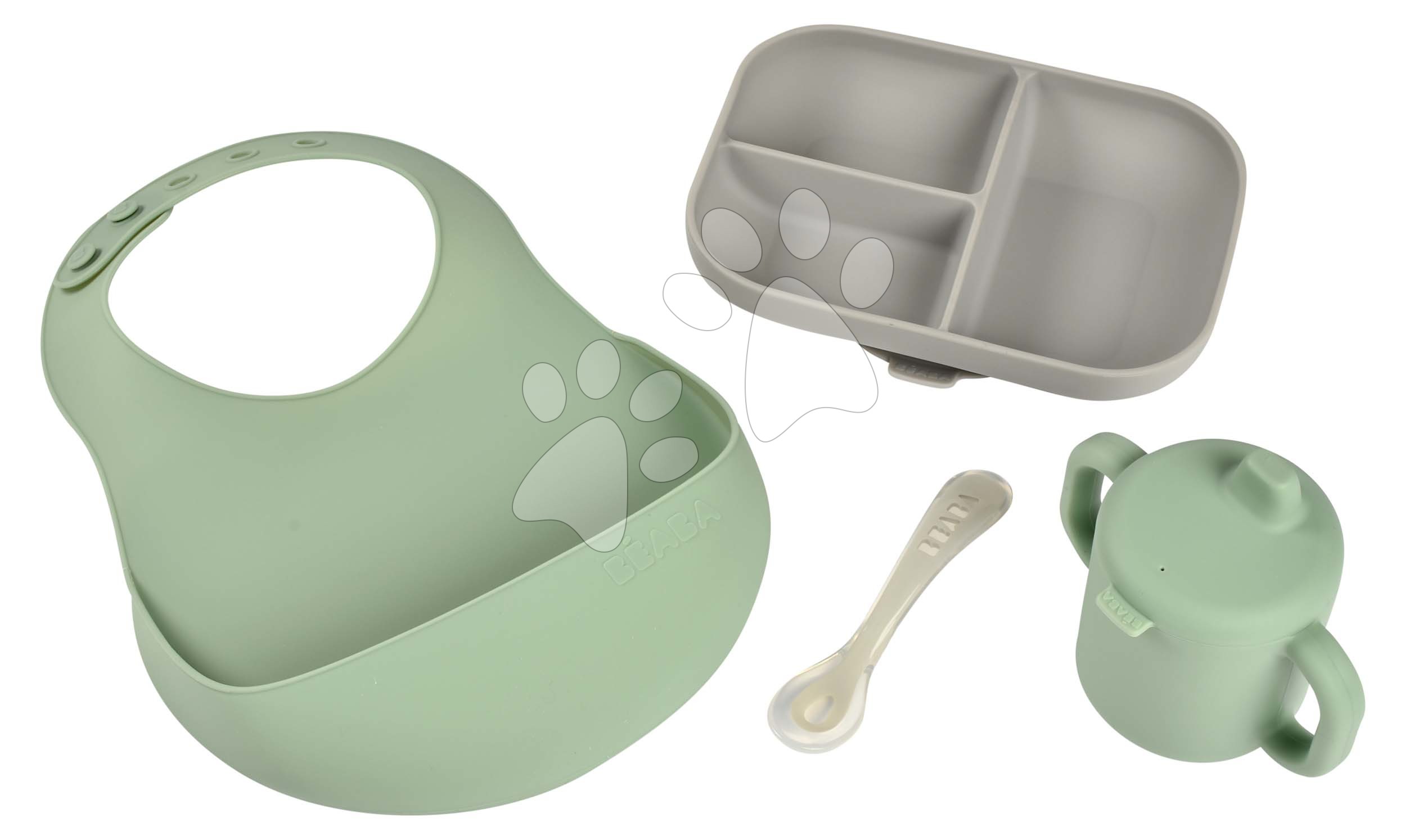 E-shop Jedálenská súprava Silicone Meal Essentials Set Beaba s hrnčekom a tanierom s lyžičkou a podbradník zeleno-sivá od 8 mes