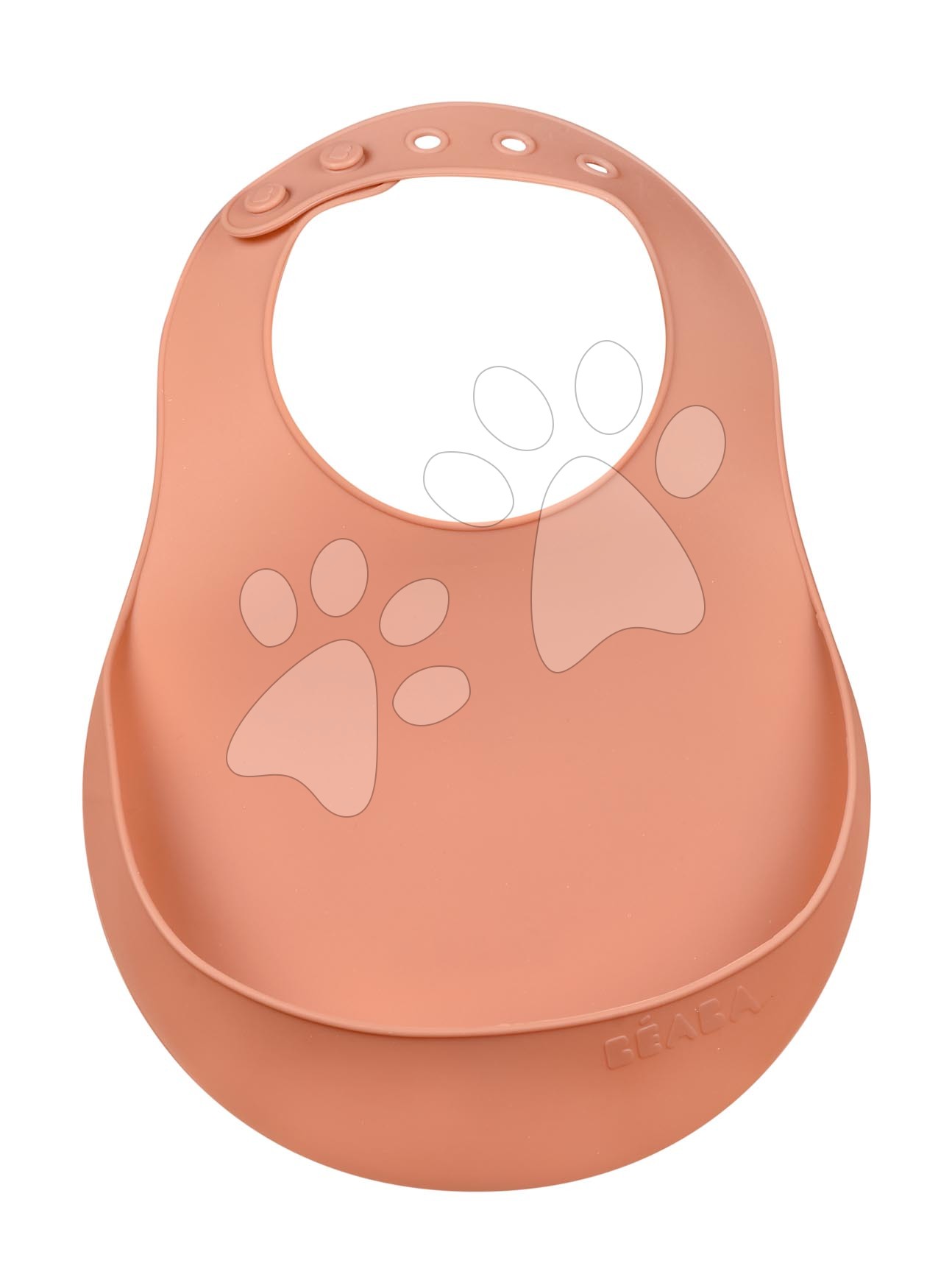 Podbradník pre deti Silicone Bib Beaba Terracotta z mäkkého silikónu a gombíkmi oranžový od 4 mes