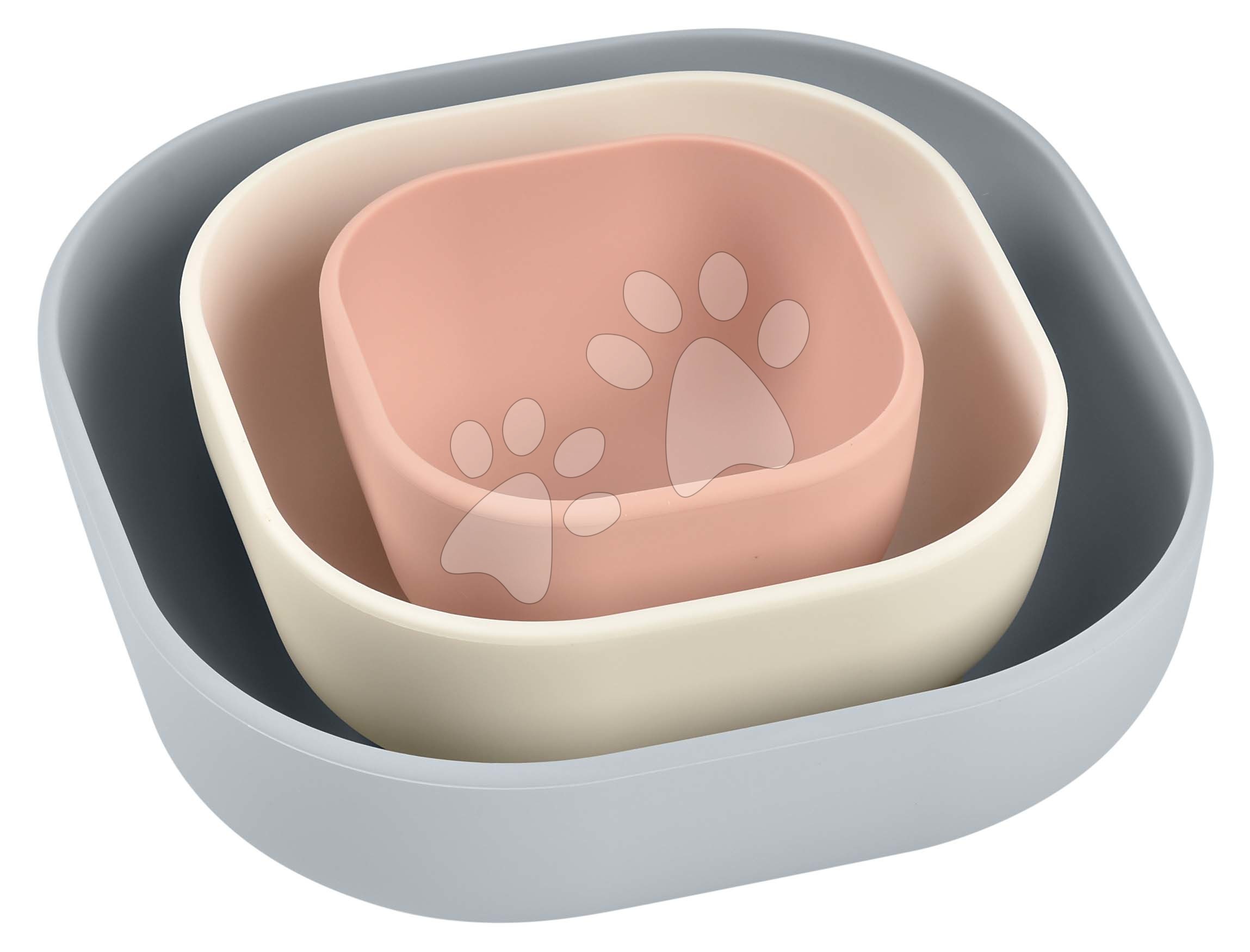 Jídelní souprava Silicone Nesting Bowl Set Beaba Velvet Grey Cotton Dusty Rose ze silikonu 3dílná šedo-růžovo-bílá od 4 měsíců